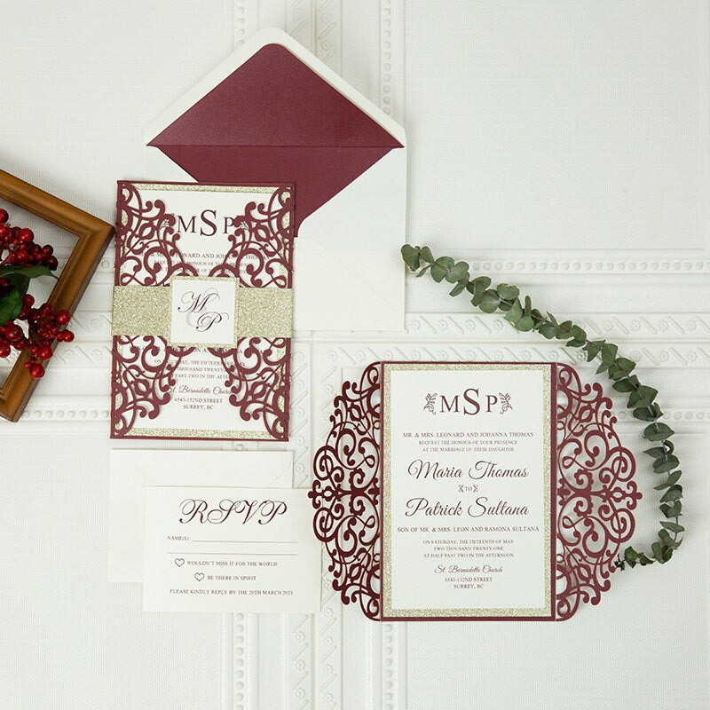 Burgundy Laser Cut Wedding Invitation, Gold Glitter Belly Band
