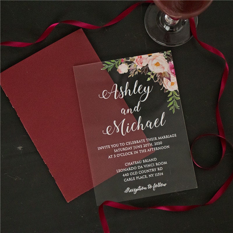Acrylic Wedding Invitation: Clear Perspex with Pink Florals