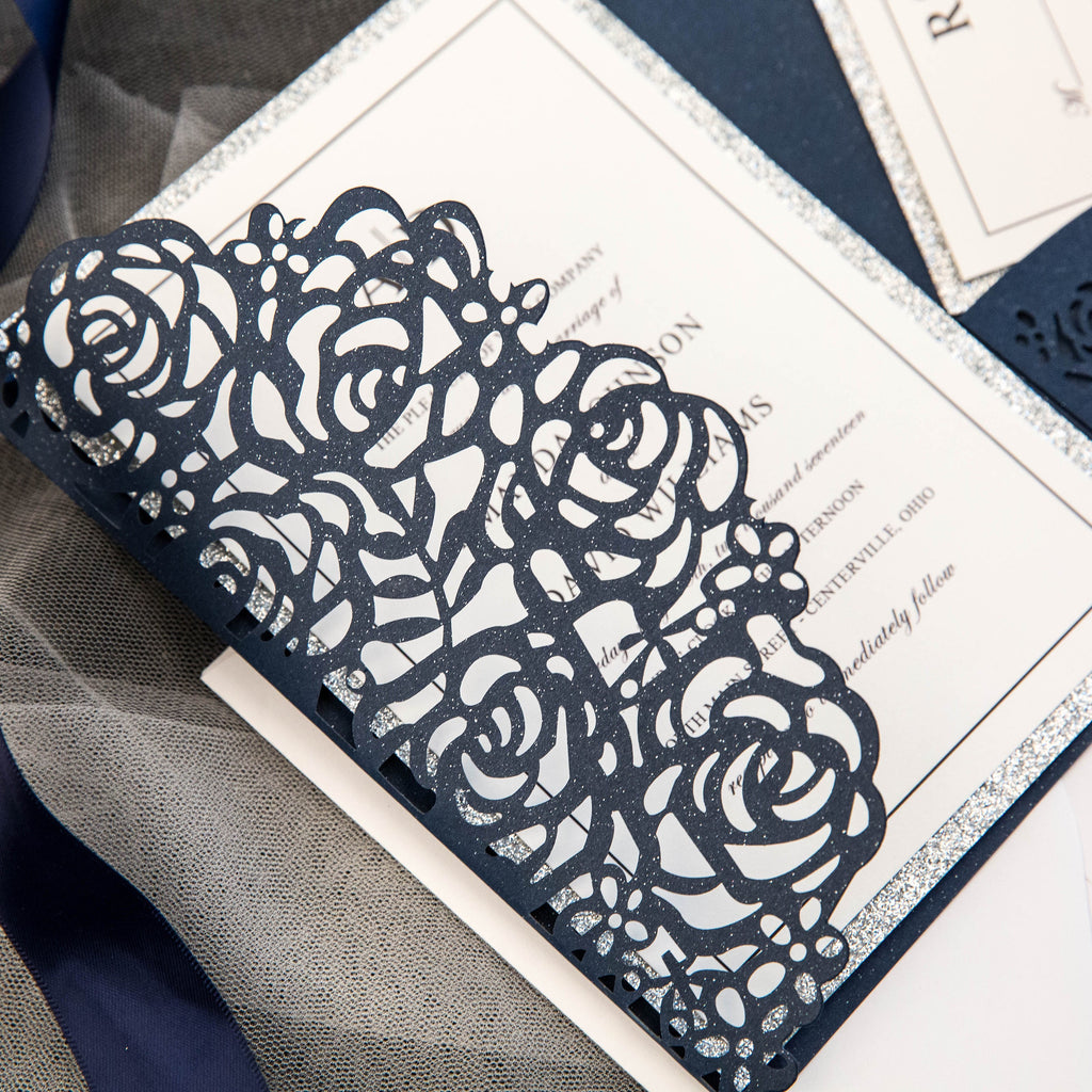 Navy & Silver Glitter Laser Cut Wedding Invitation Suite