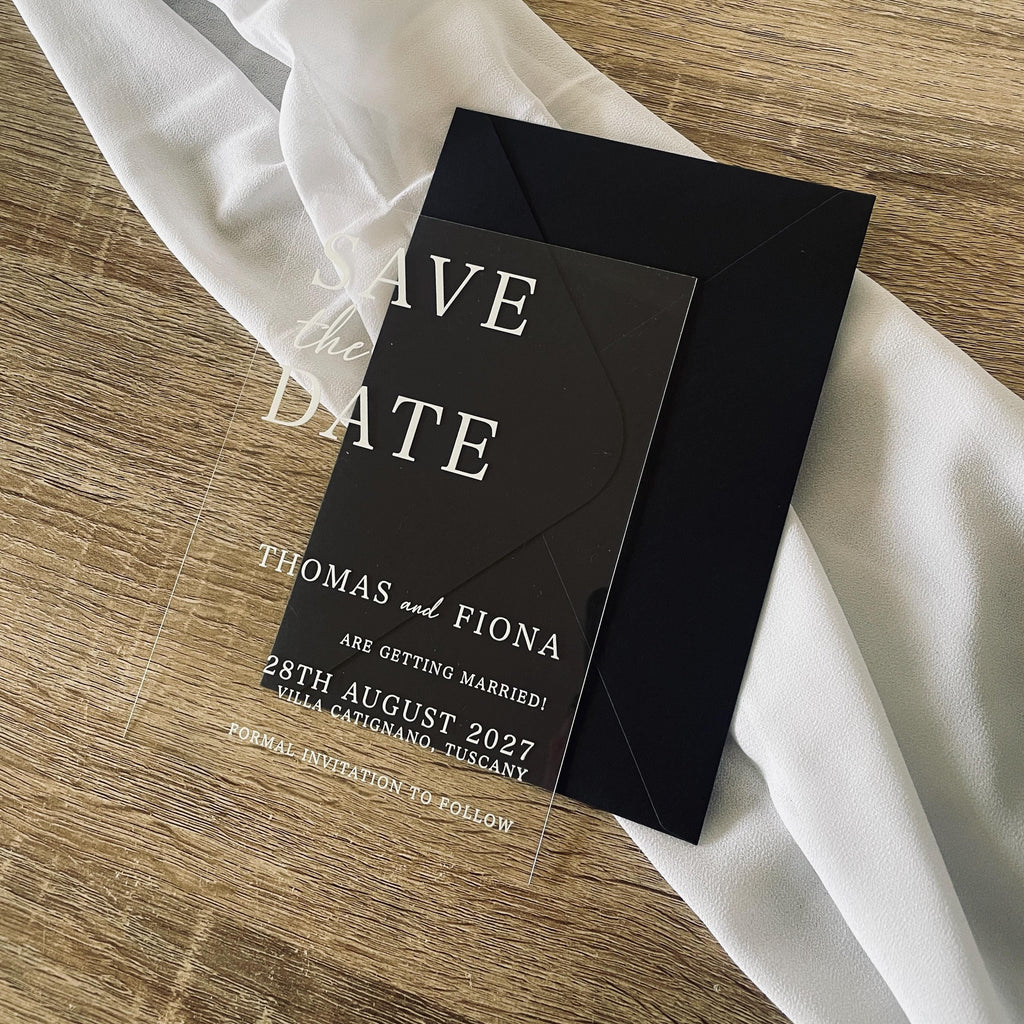 Clear Acrylic Save The Date | Black & White Modern Wedding