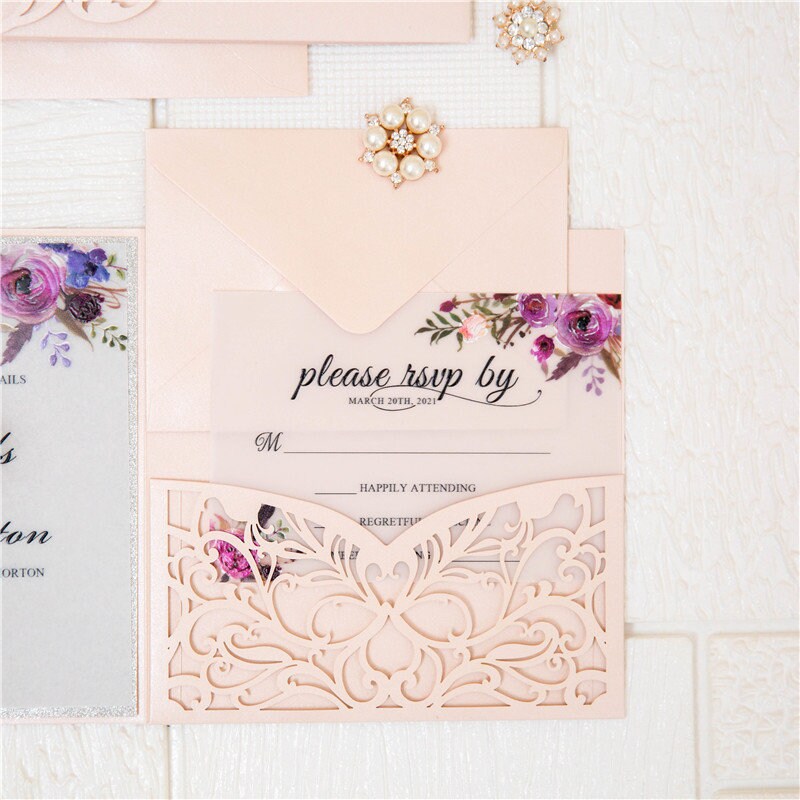 Vellum Laser Cut Wedding Invitation: Blush Floral, Silver Glitter