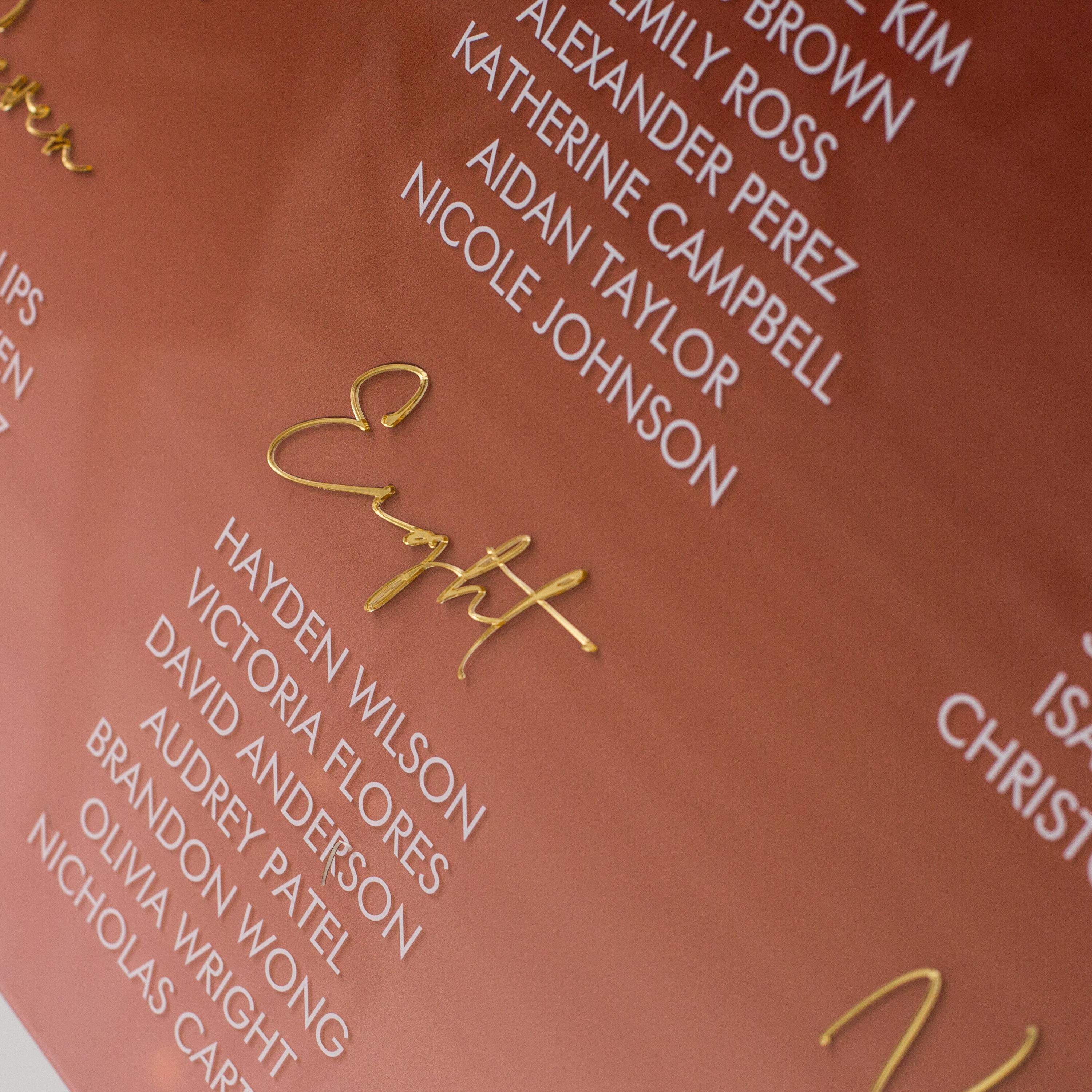 Burgundy Red Ombre Acrylic Wedding Table Plan with Gold Acrylic Mirror Lettering