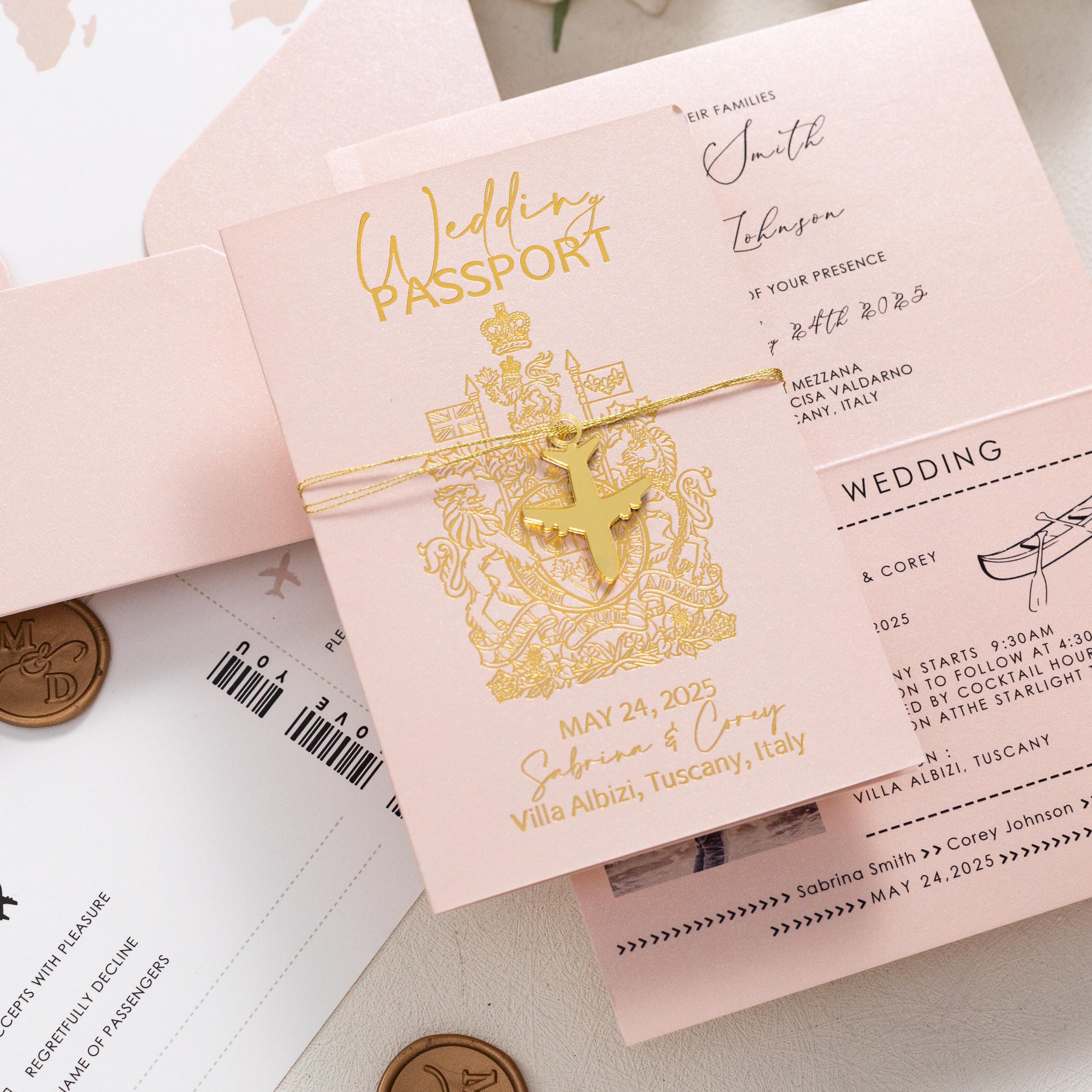 Destination Wedding Invitation: Passport with Gold Foil Airplane