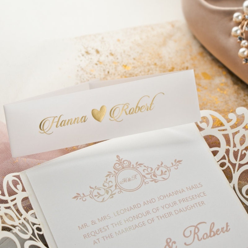 Champagne Gold Glitter Lasercut Gatefold Wedding Invitation with Vellum Belly Band & Gold Foiling
