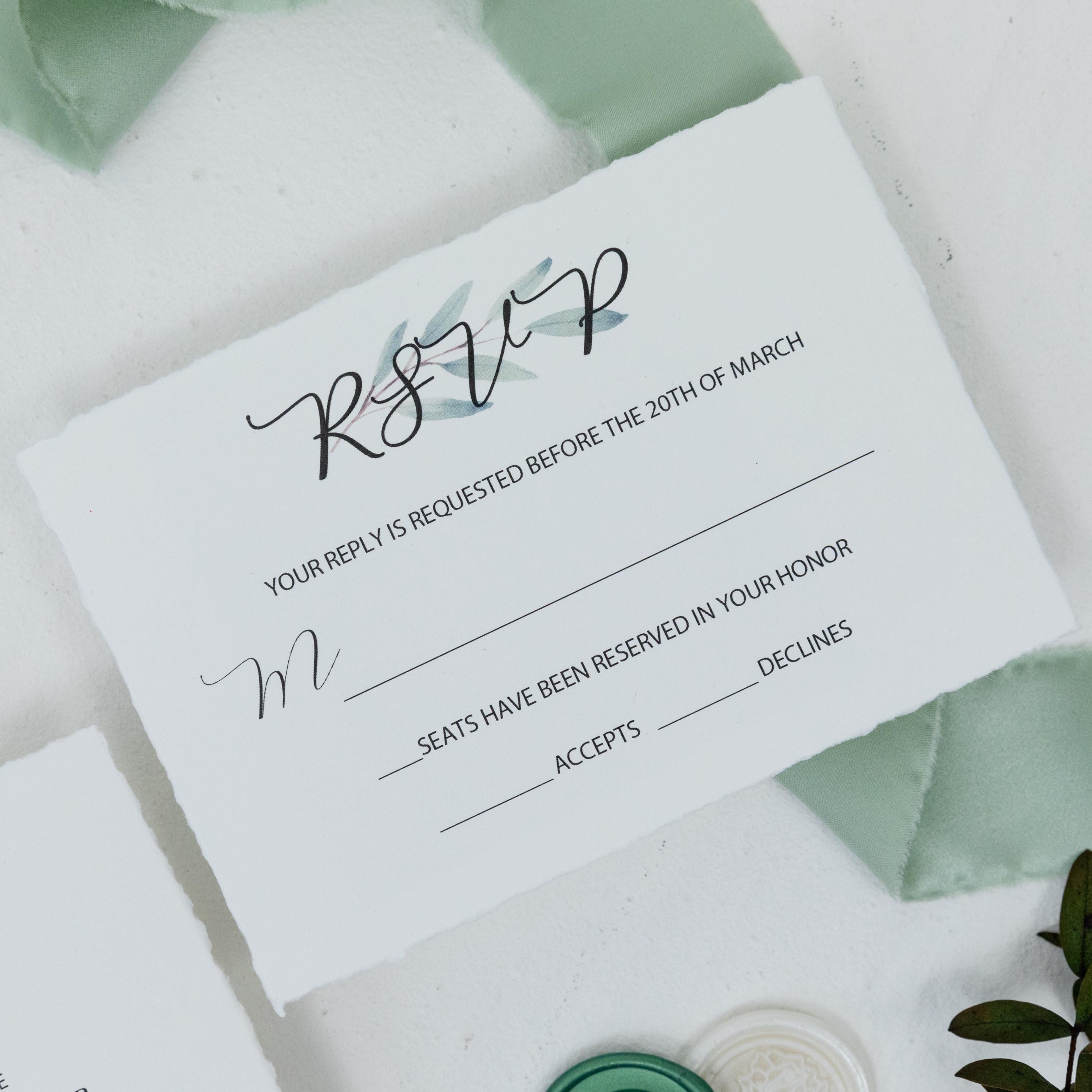 Deckle Edge Green Wedding Invitation and RSVP with Wax Seal | Botanical Wedding Invite