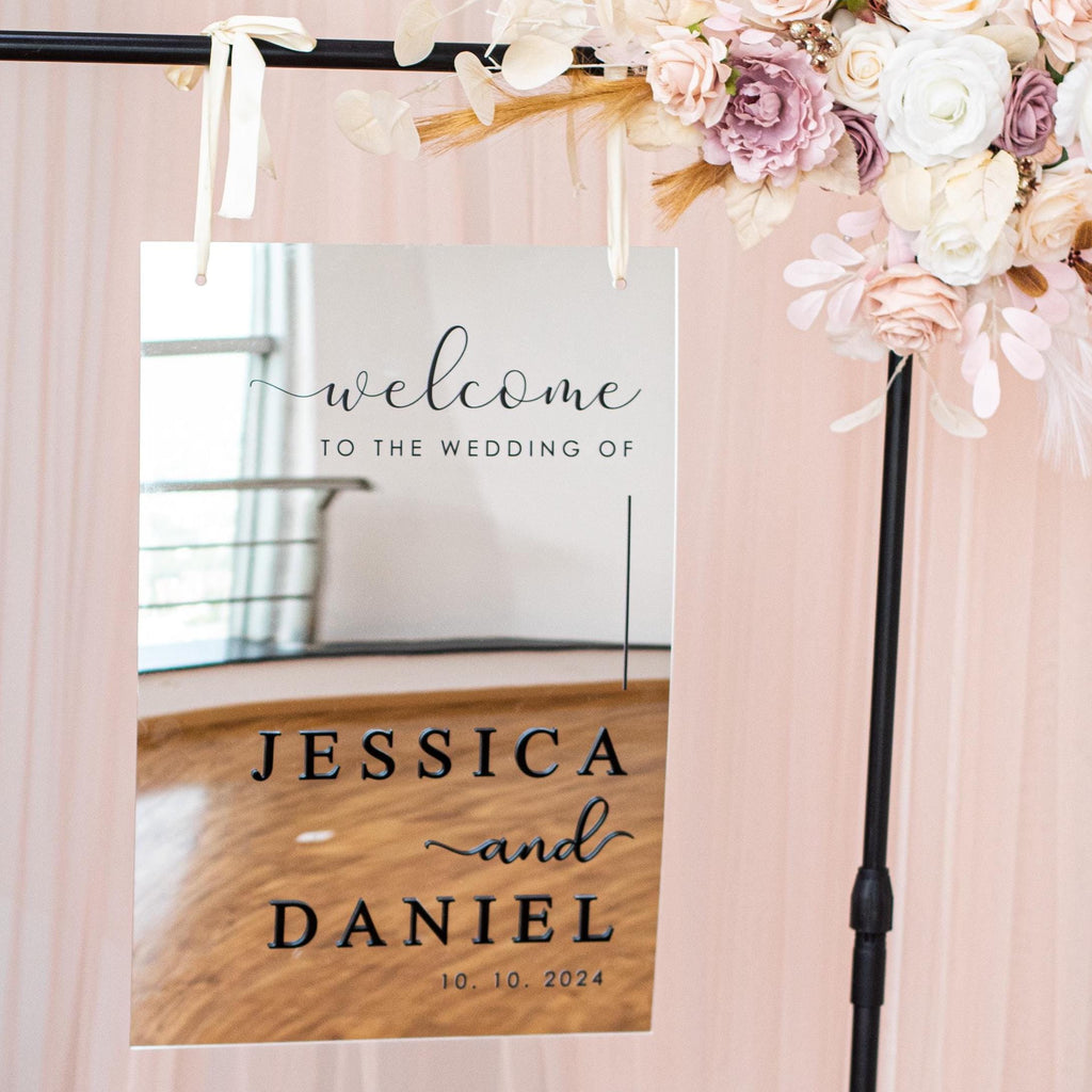 Silver Mirror Acrylic Wedding Welcome Sign | Black 3D Names