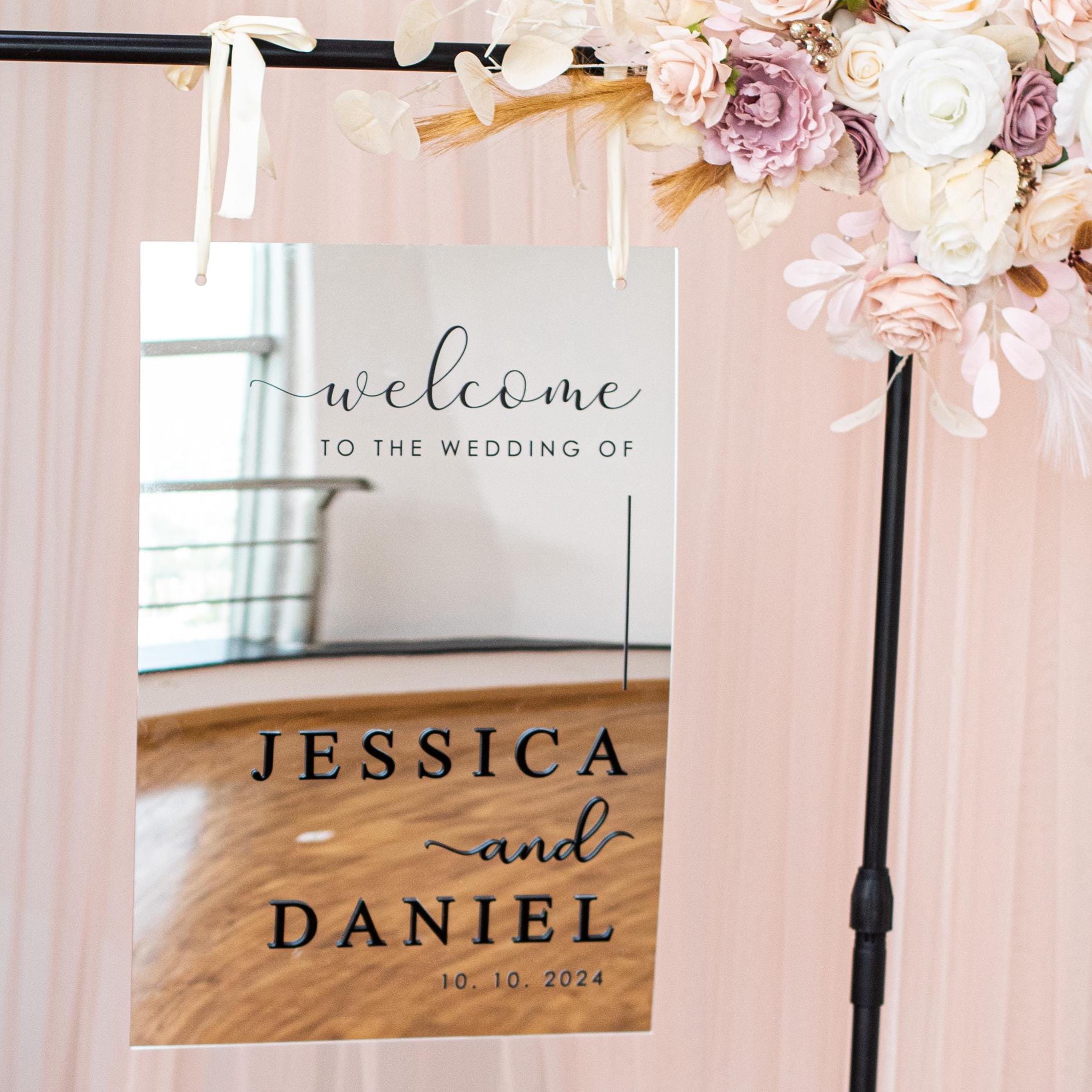 Silver Mirror Acrylic Wedding Welcome Sign | Black 3D Names