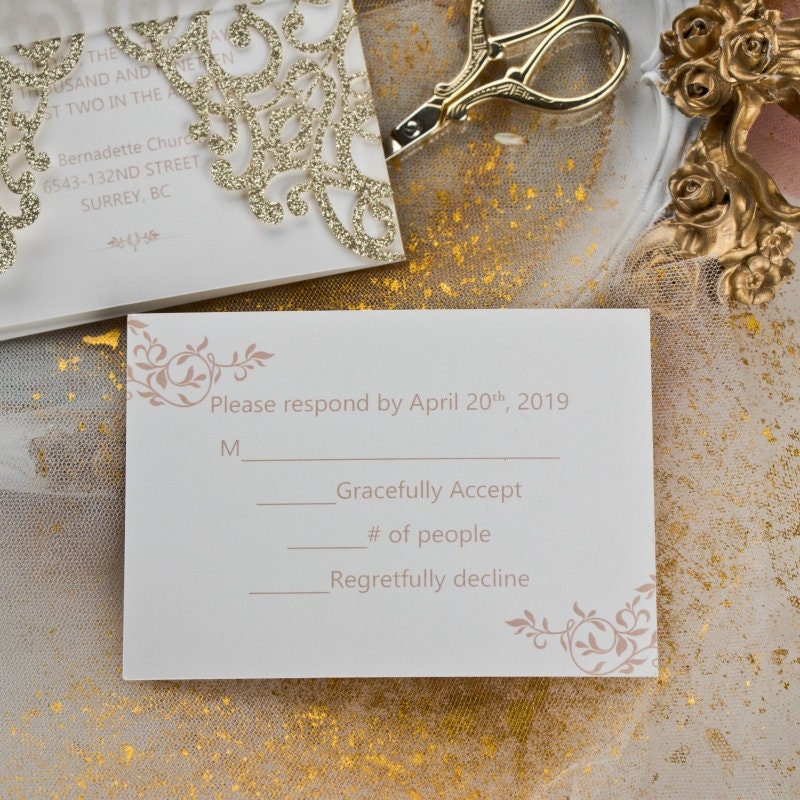 Champagne Gold Glitter Lasercut Gatefold Wedding Invitation with Vellum Belly Band & Gold Foiling