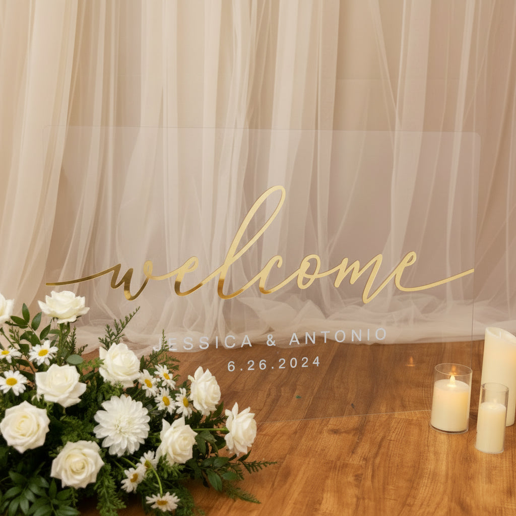 Clear Acrylic Wedding Welcome Sign, Gold Mirror 3D Design