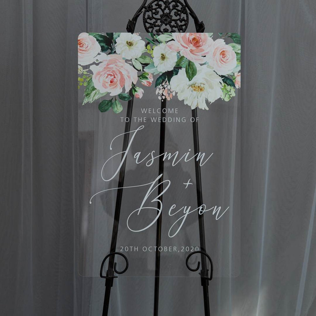 Blush Floral Acrylic Wedding Welcome Sign, Personalized Perspex Reception Decor