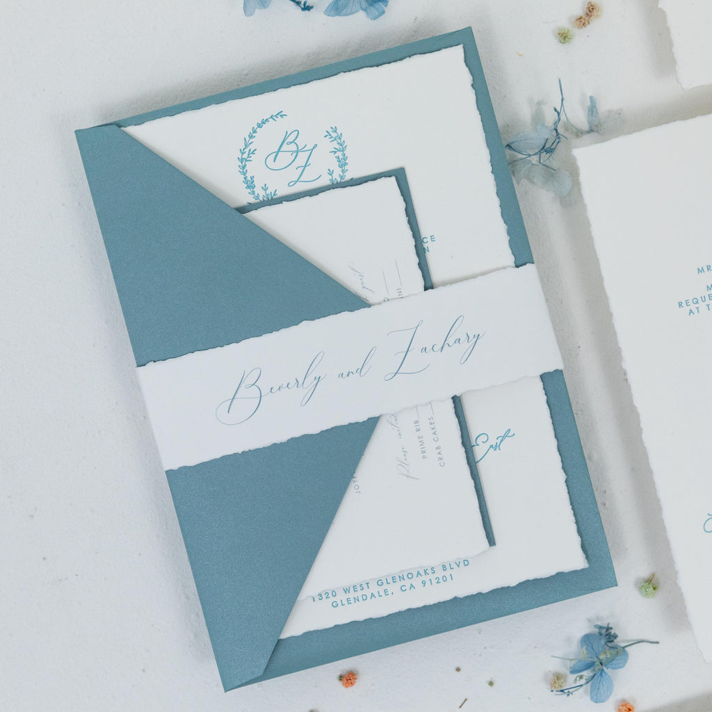 Dusty Blue Letter Press Deckle Edge Wedding Invite with Bellyband and Matching Envelope