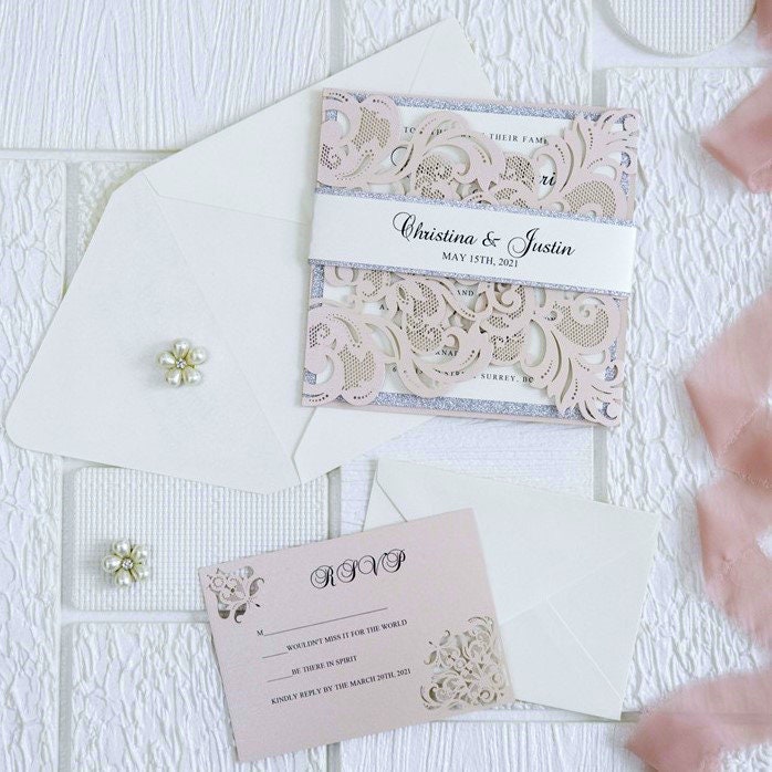 Blush Pink Laser Cut Wedding Invitation with Silver Glitter