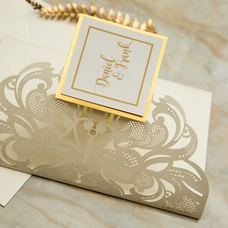 Laser Cut Wedding Invitation: Ivory Shimmer, Gold Mirror