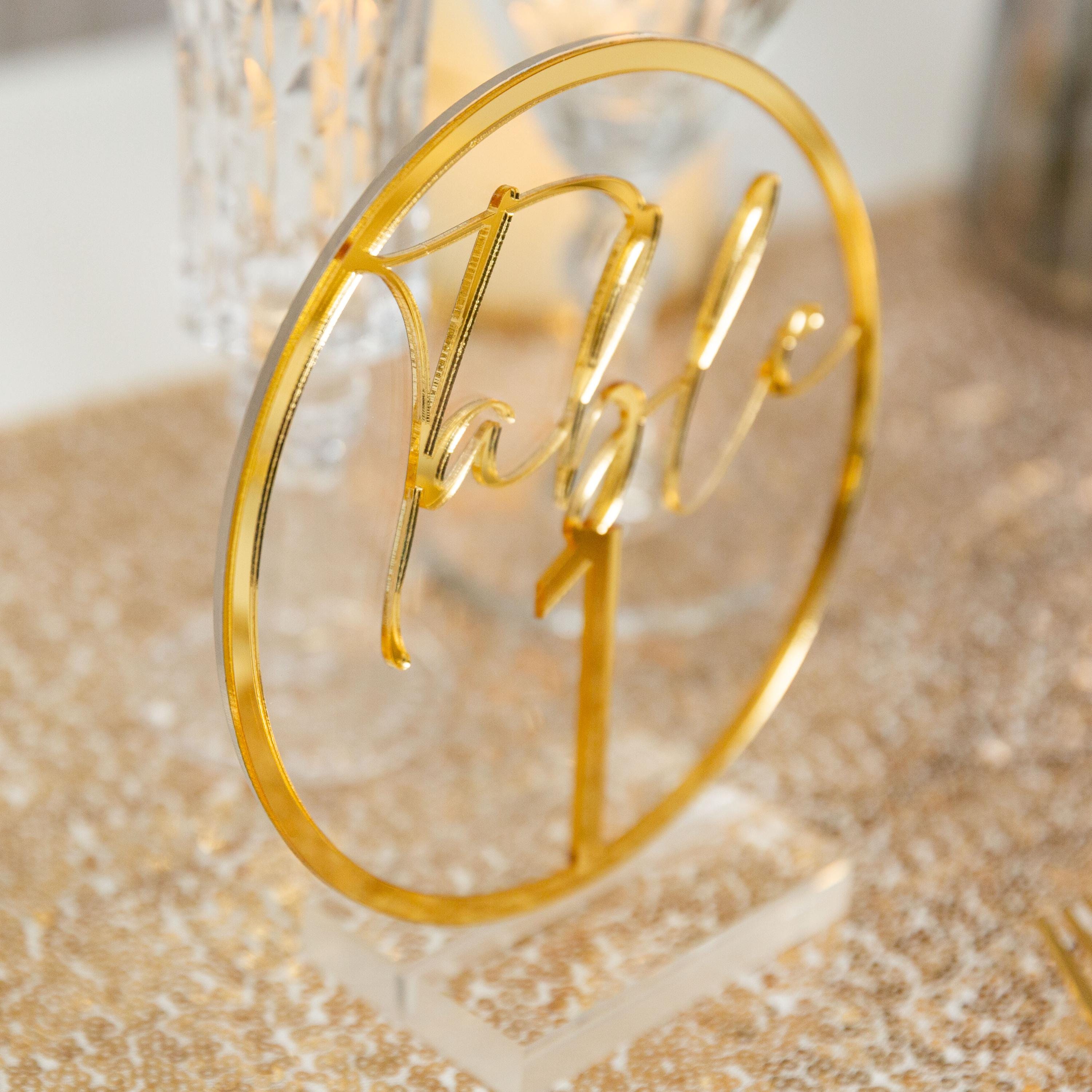 Gold Mirror Acrylic Wedding Table Number, Clear Circle Sign