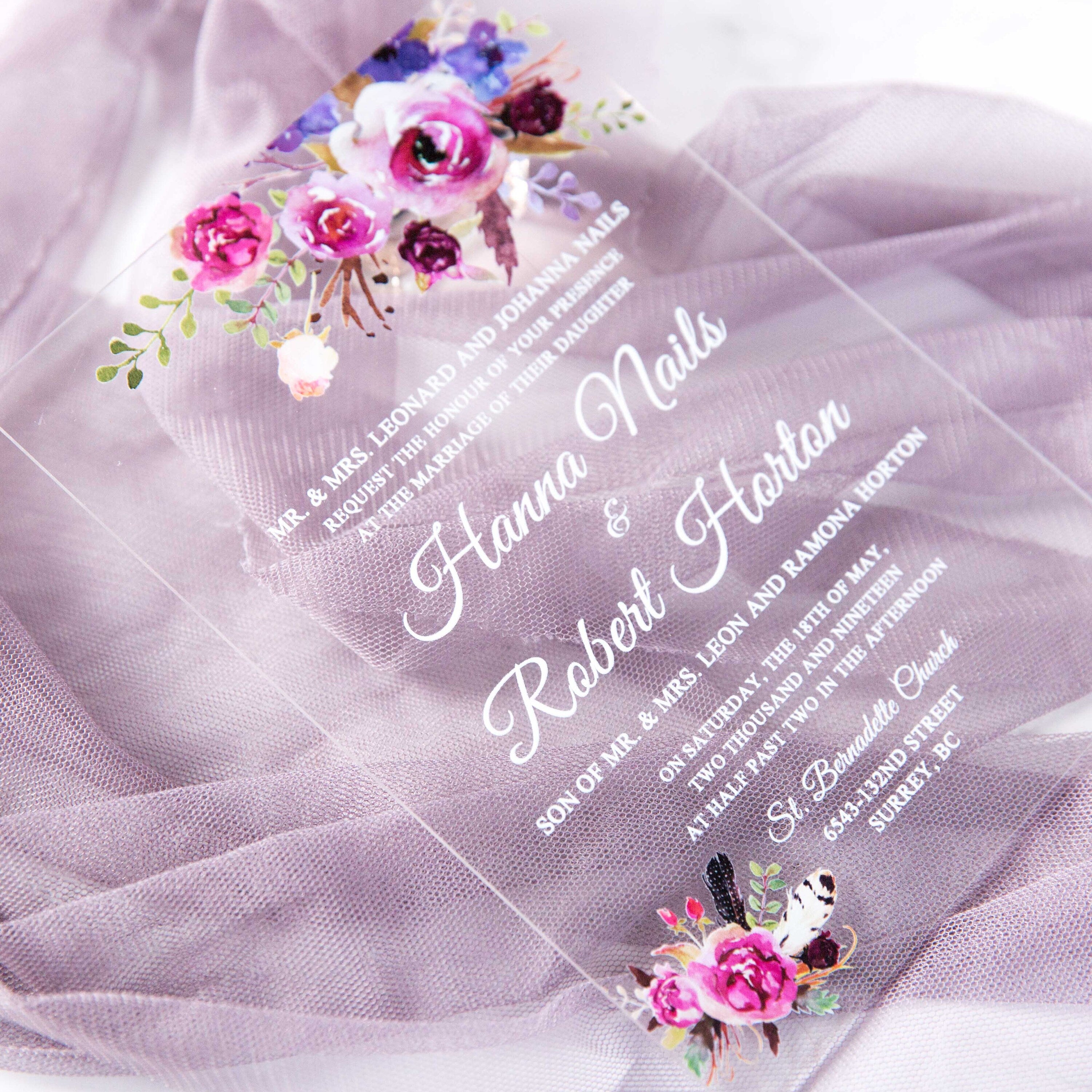 Acrylic Wedding Invitation with Pink & Purple Florals