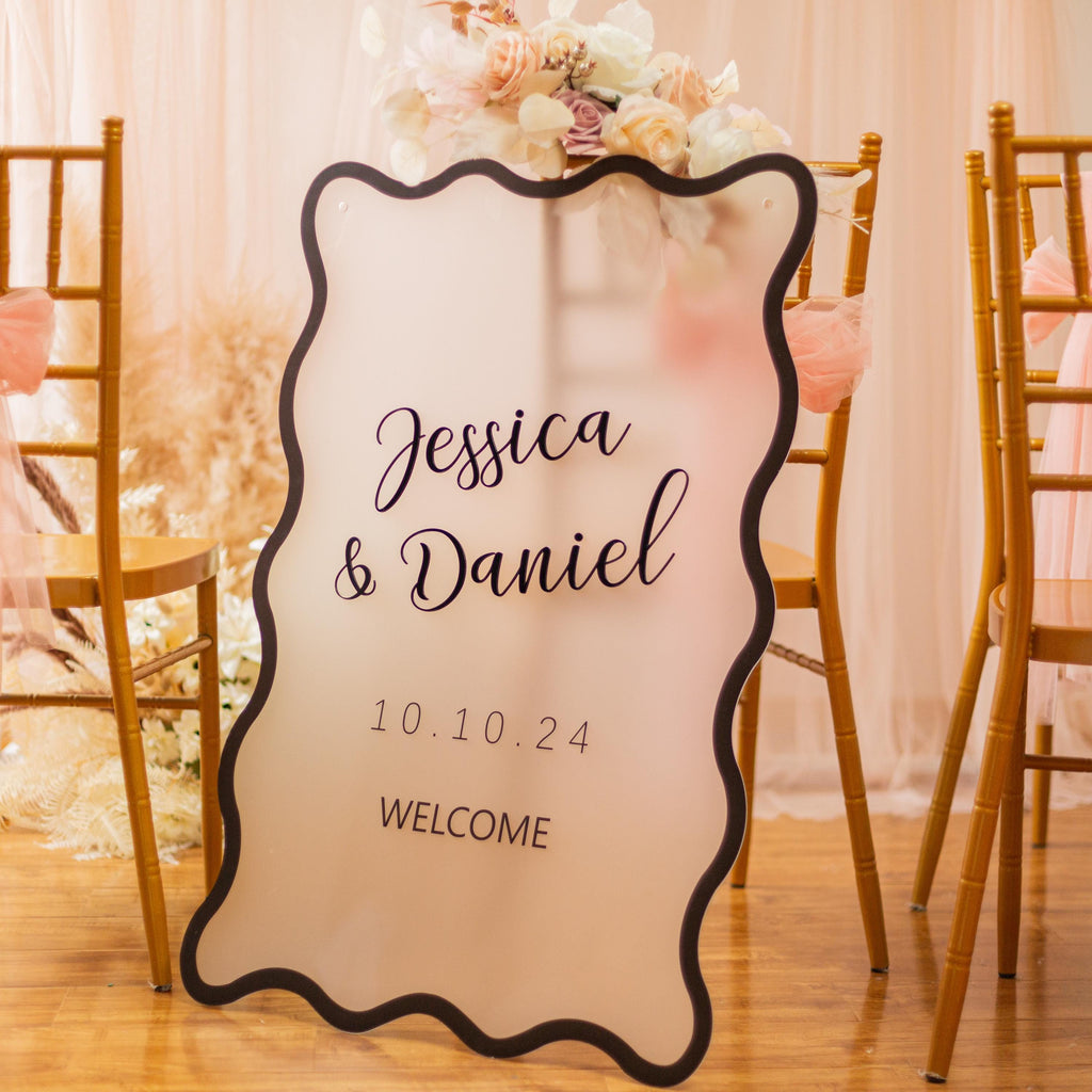 Wavy Modern Frosted Acrylic Wedding Welcome Sign, Black 3D Writing