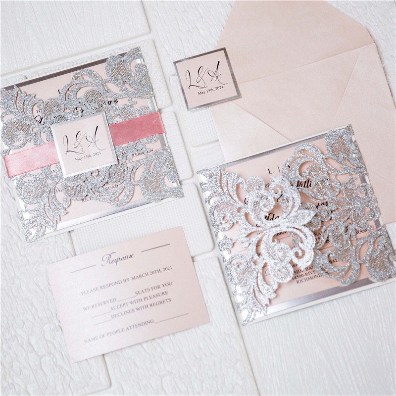 Silver Glitter & Pink Ribbon Lasercut Wedding Invitation with Silver Mirror Detailing