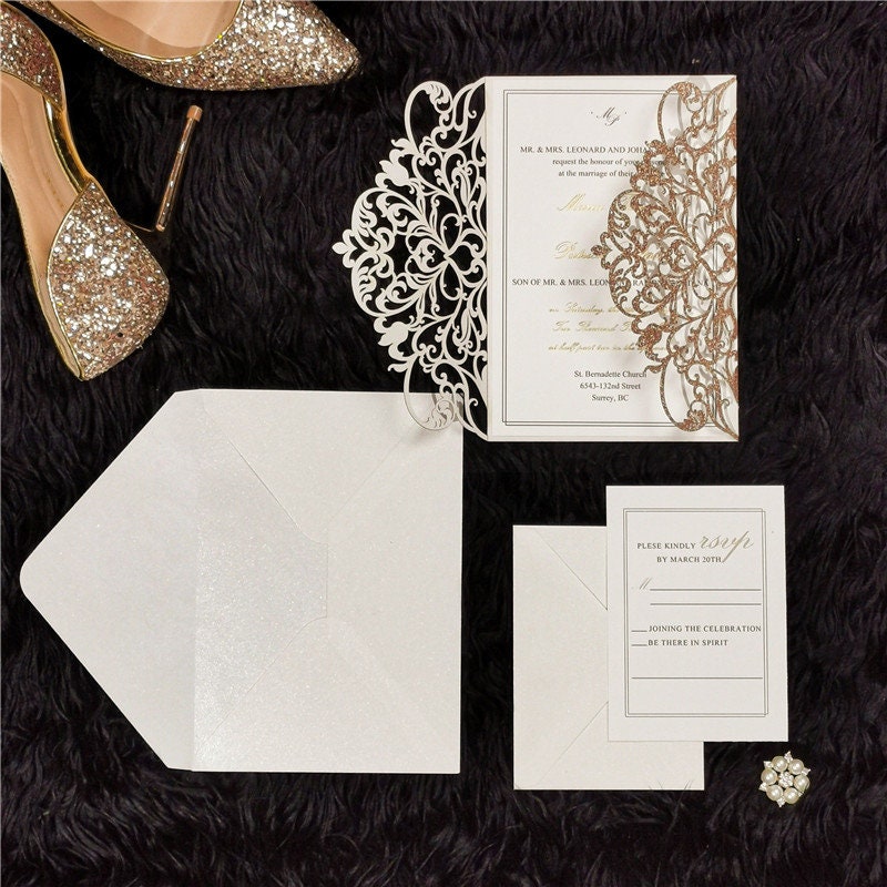 Rose Gold Glitter & White Delicate Lasercut Gatefold Wedding Invite