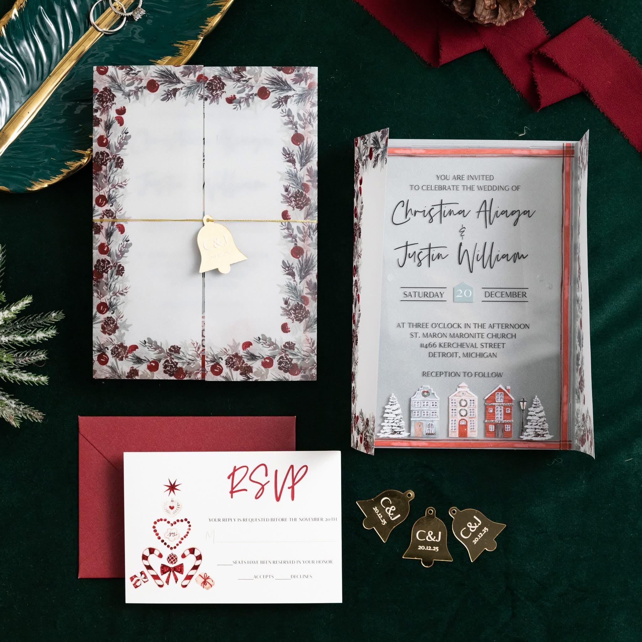 Acrylic Winter Wedding Invitation | Vellum Gatefold, Gold Reindeer
