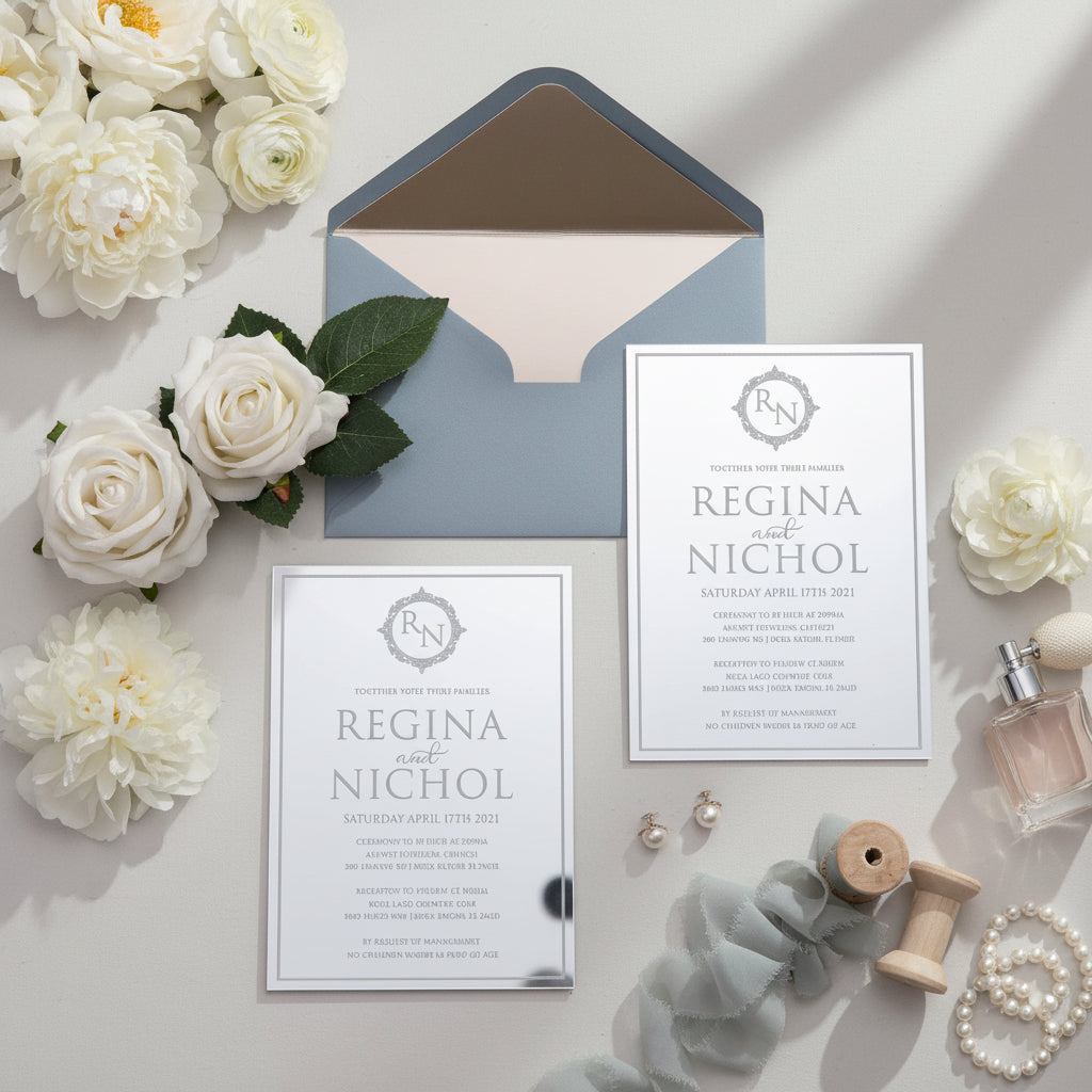 Silver Mirror Acrylic Wedding Invitation with Dusty Blue Envelope & Matte Champagne Envelope Liner