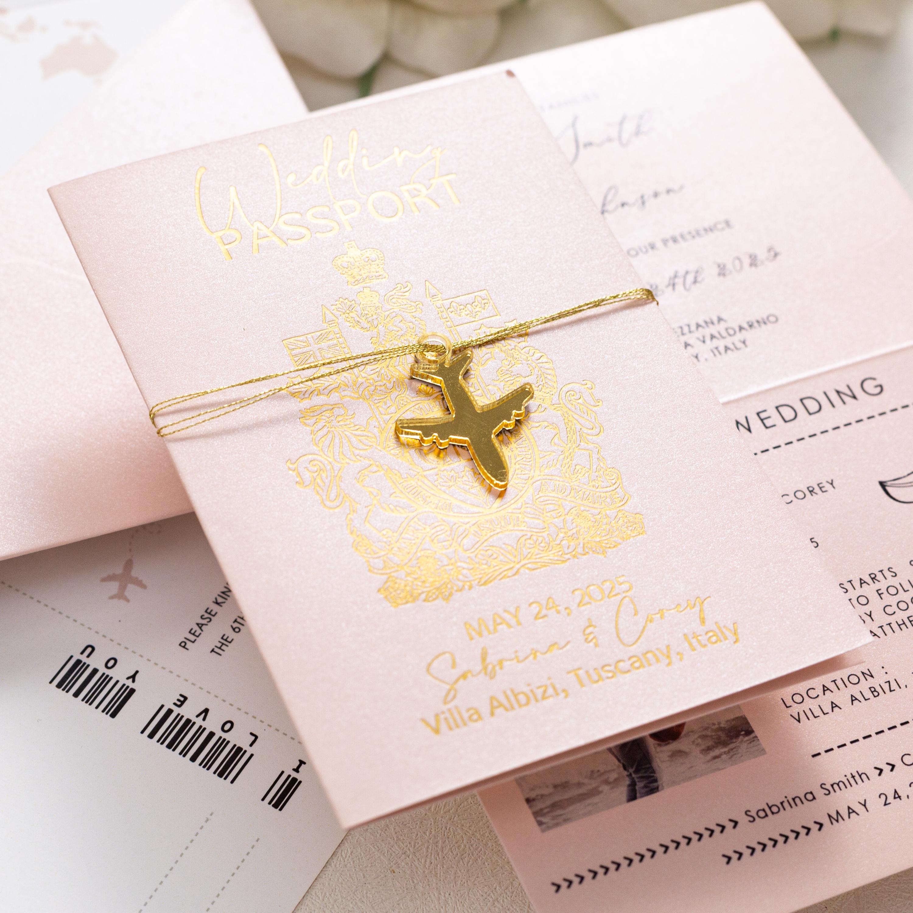 Destination Wedding Invitation: Passport with Gold Foil Airplane