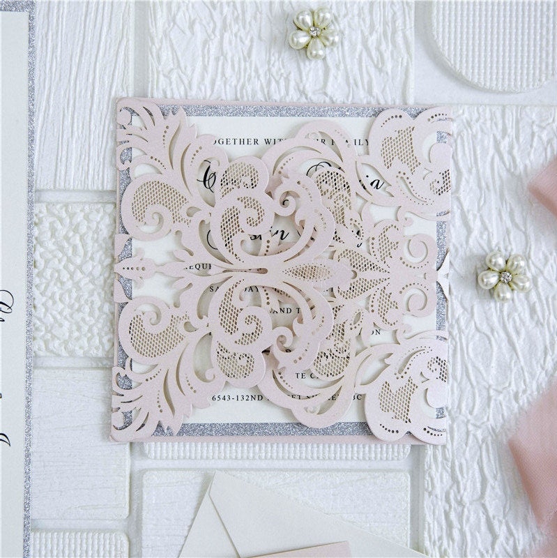 Blush Pink Laser Cut Wedding Invitation with Silver Glitter
