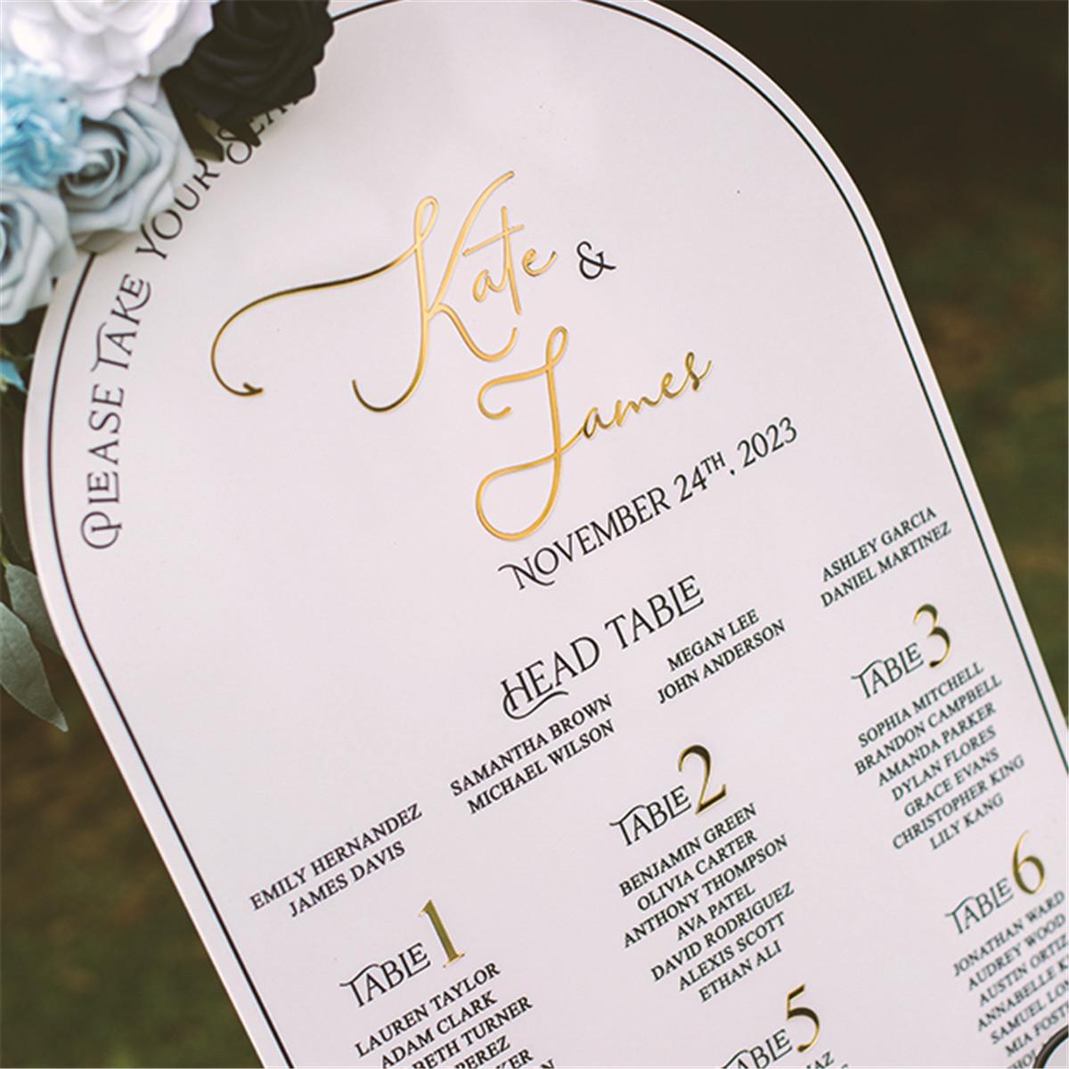 Arch White Acrylic Wedding Table Plan with Gold Mirror Acrylic 3D Lettering