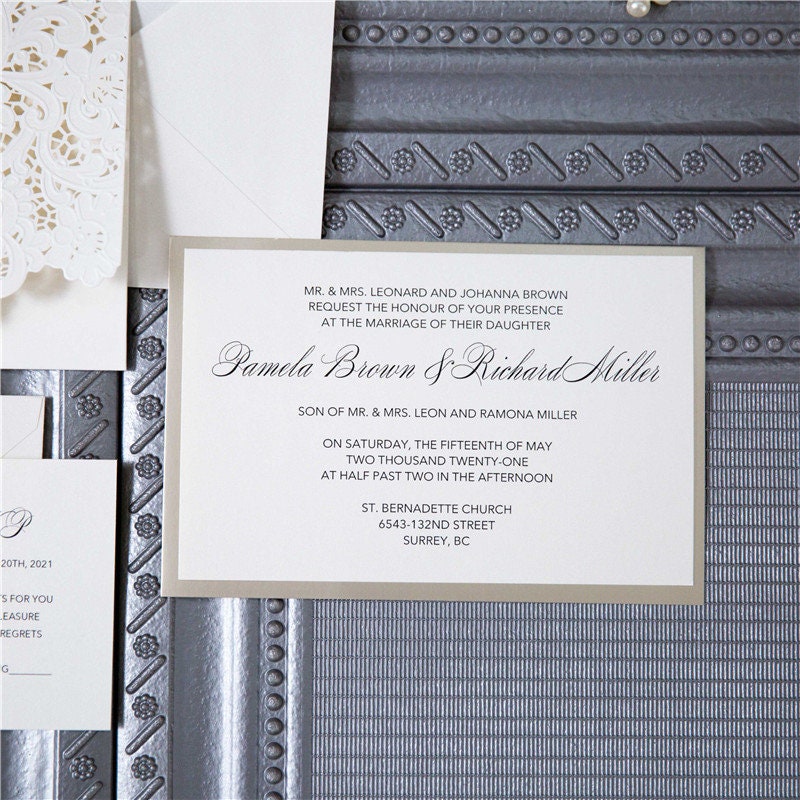 Laser Cut Wedding Invitation, Ivory Embossed Design