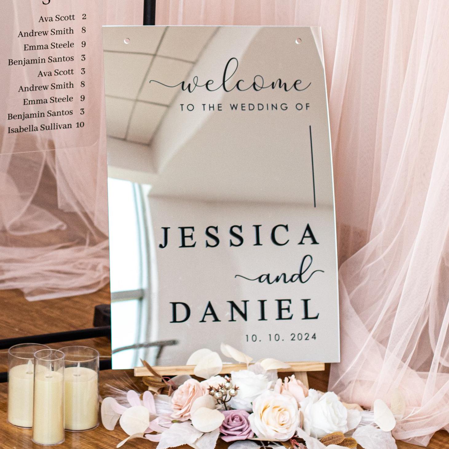 Silver Mirror Acrylic Wedding Welcome Sign | Black 3D Names