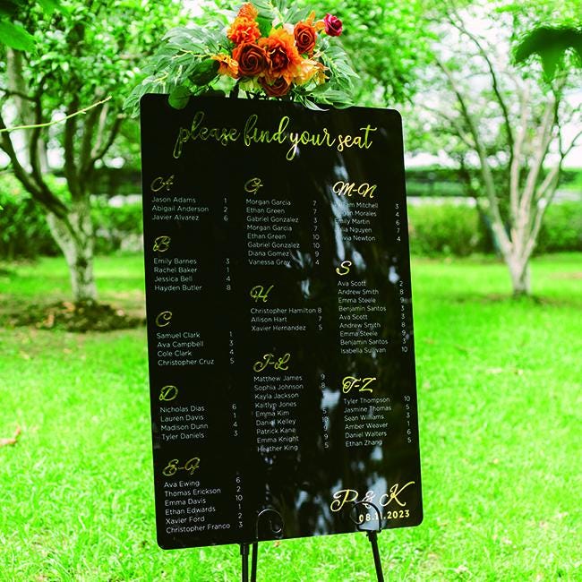 Black Modern Acrylic Wedding Table Plan with Gold Mirror 3D lettering