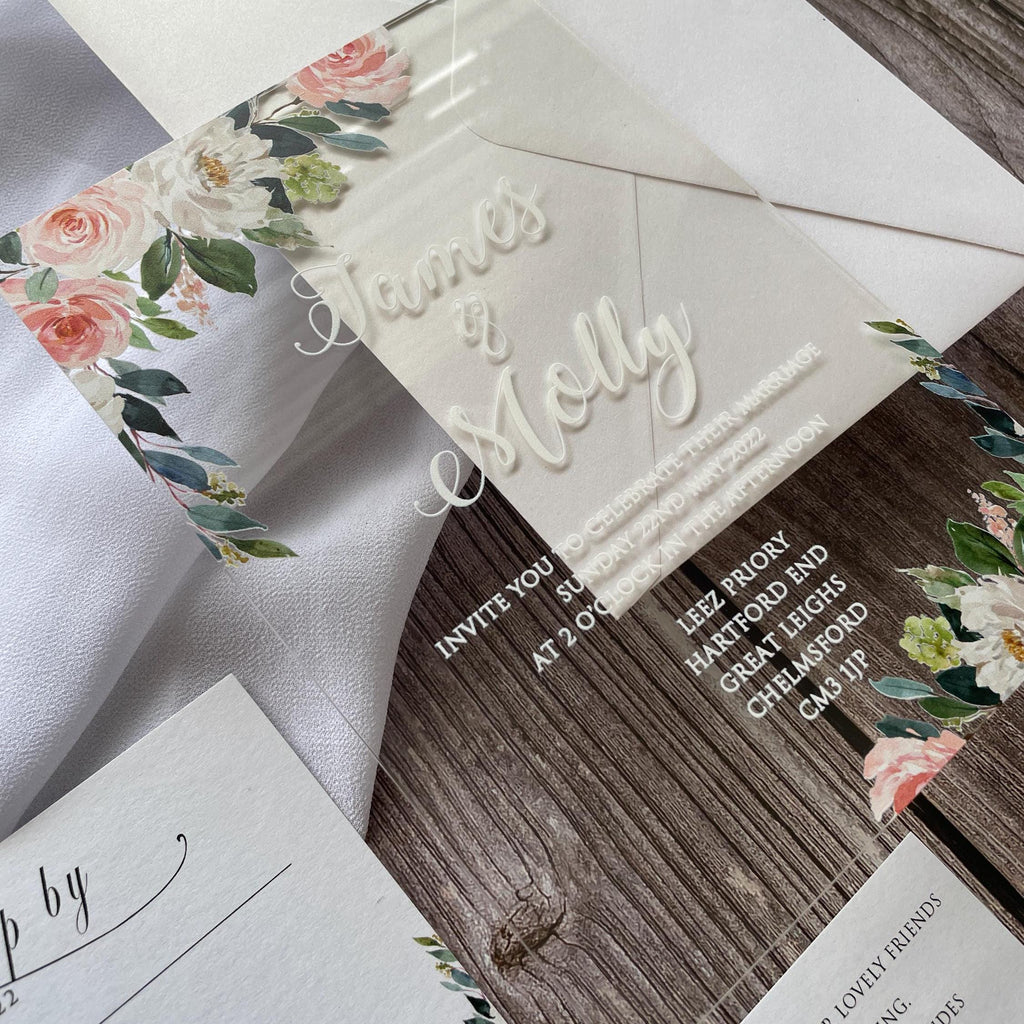 Floral Acrylic Wedding Invitation | Blush Pink, White, & Green