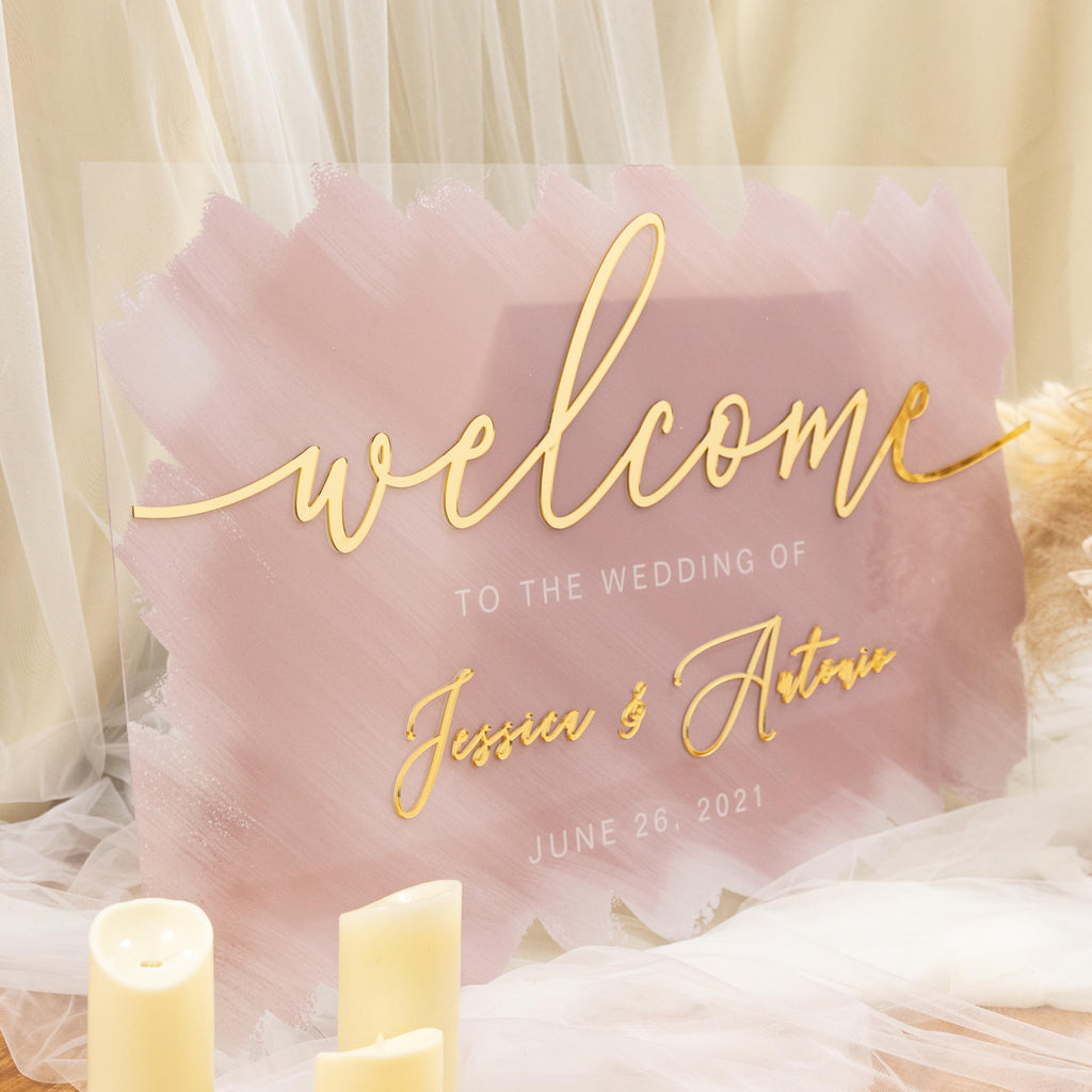 Watercolour blush pink and gold Wedding Welcome Sign with Gold Mirror 3D acrylic Names