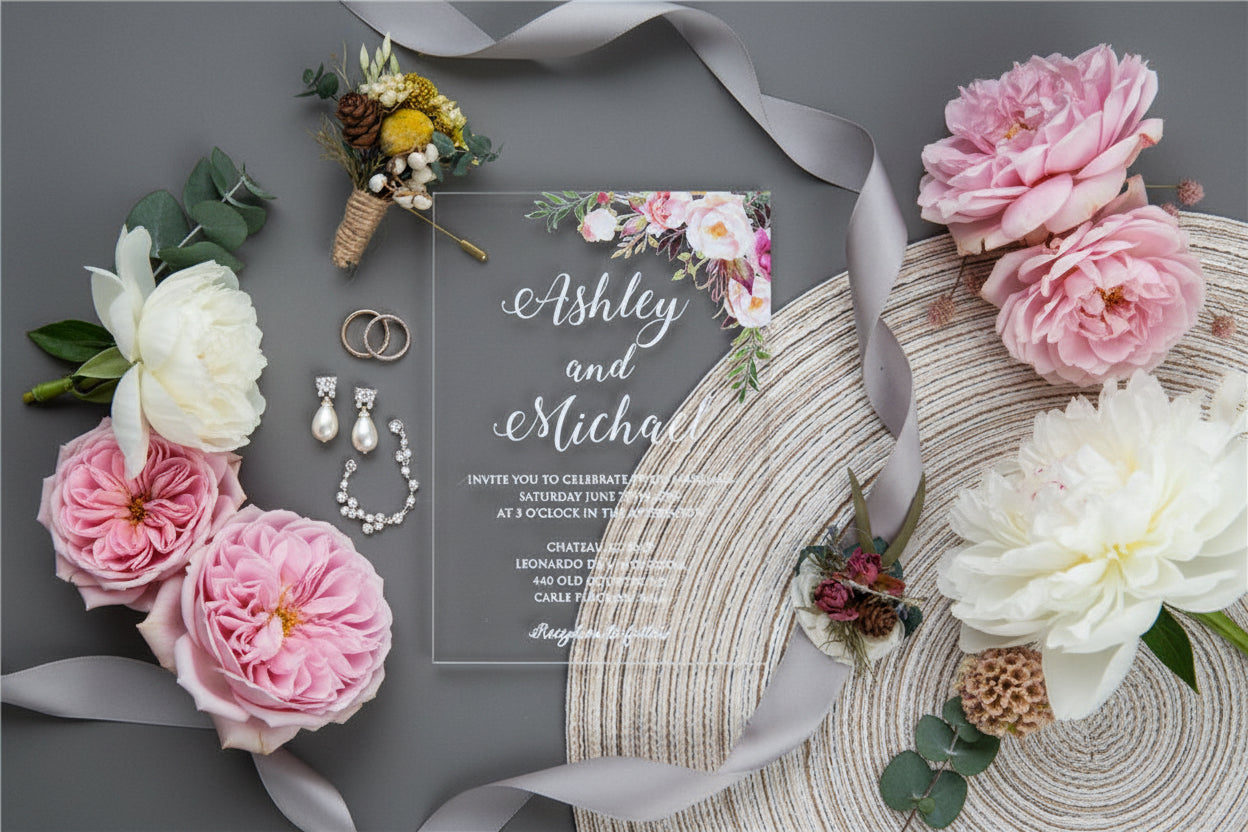 Acrylic Wedding Invitation: Clear Perspex with Pink Florals