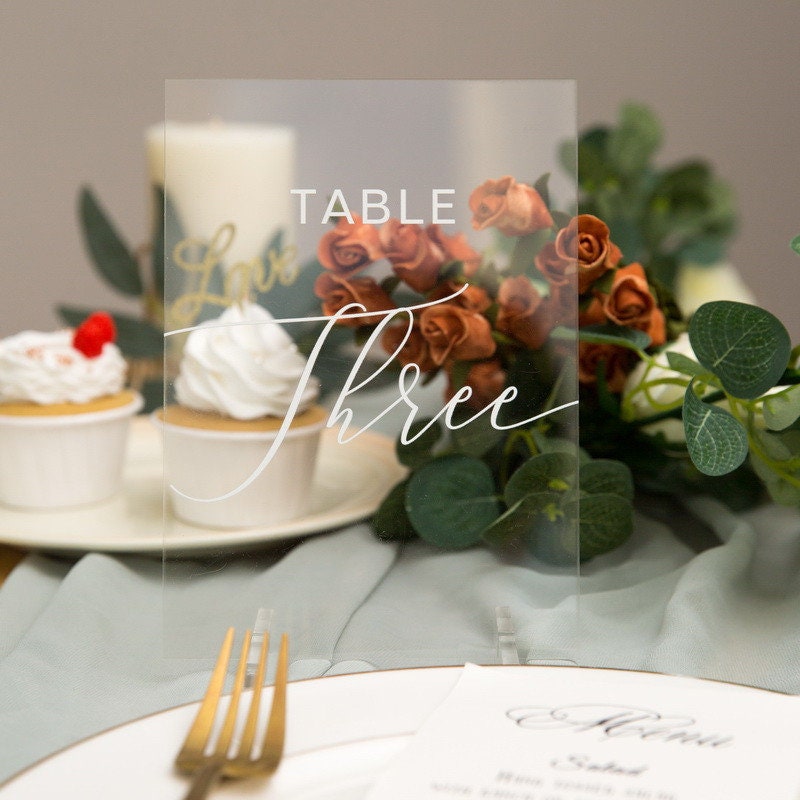 Clear Acrylic Wedding Table Number/Name Sign, Minimalist Design (5x7 inches)