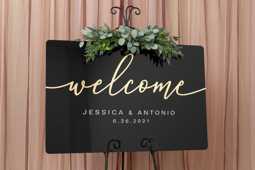 Personalized Black Acrylic Wedding Welcome Sign, Gold Mirror 3D Lettering