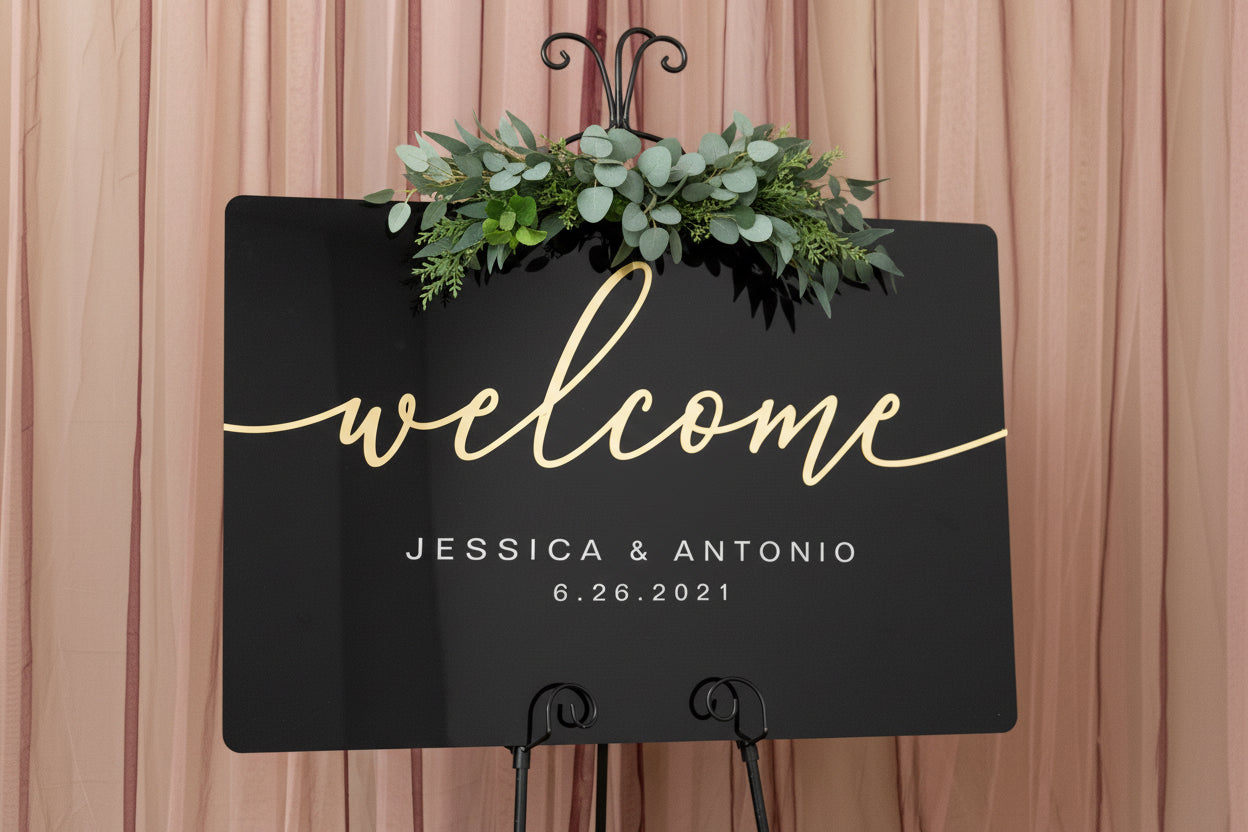Personalized Black Acrylic Wedding Welcome Sign, Gold Mirror 3D Lettering