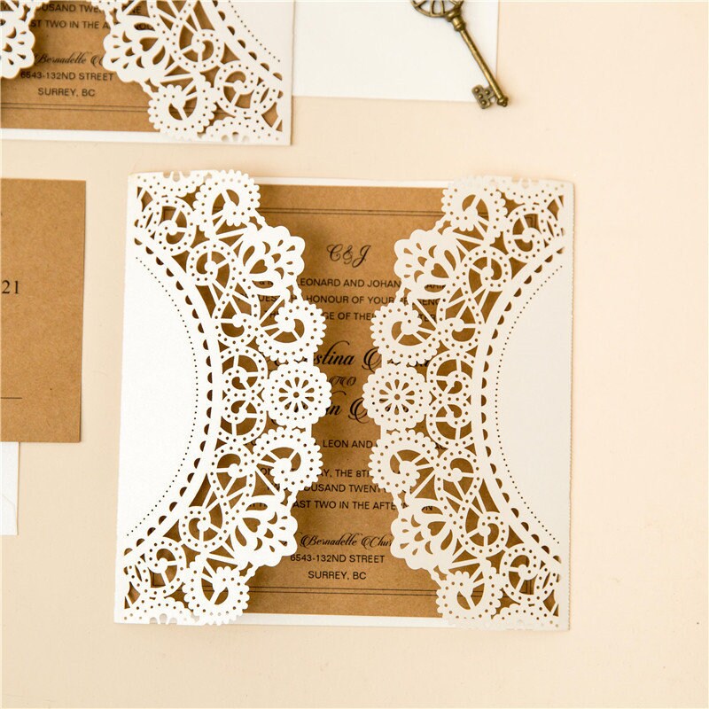 Laser Cut Wedding Invitation: Rustic Kraft & Ivory Shimmer