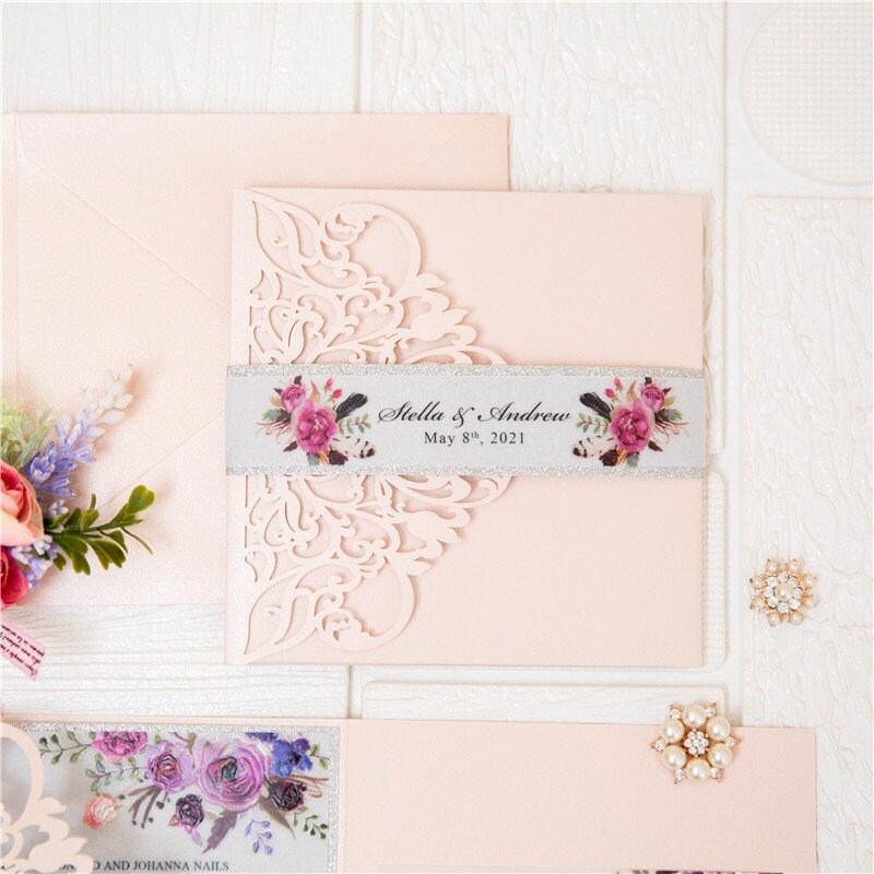 Vellum Laser Cut Wedding Invitation: Blush Floral, Silver Glitter