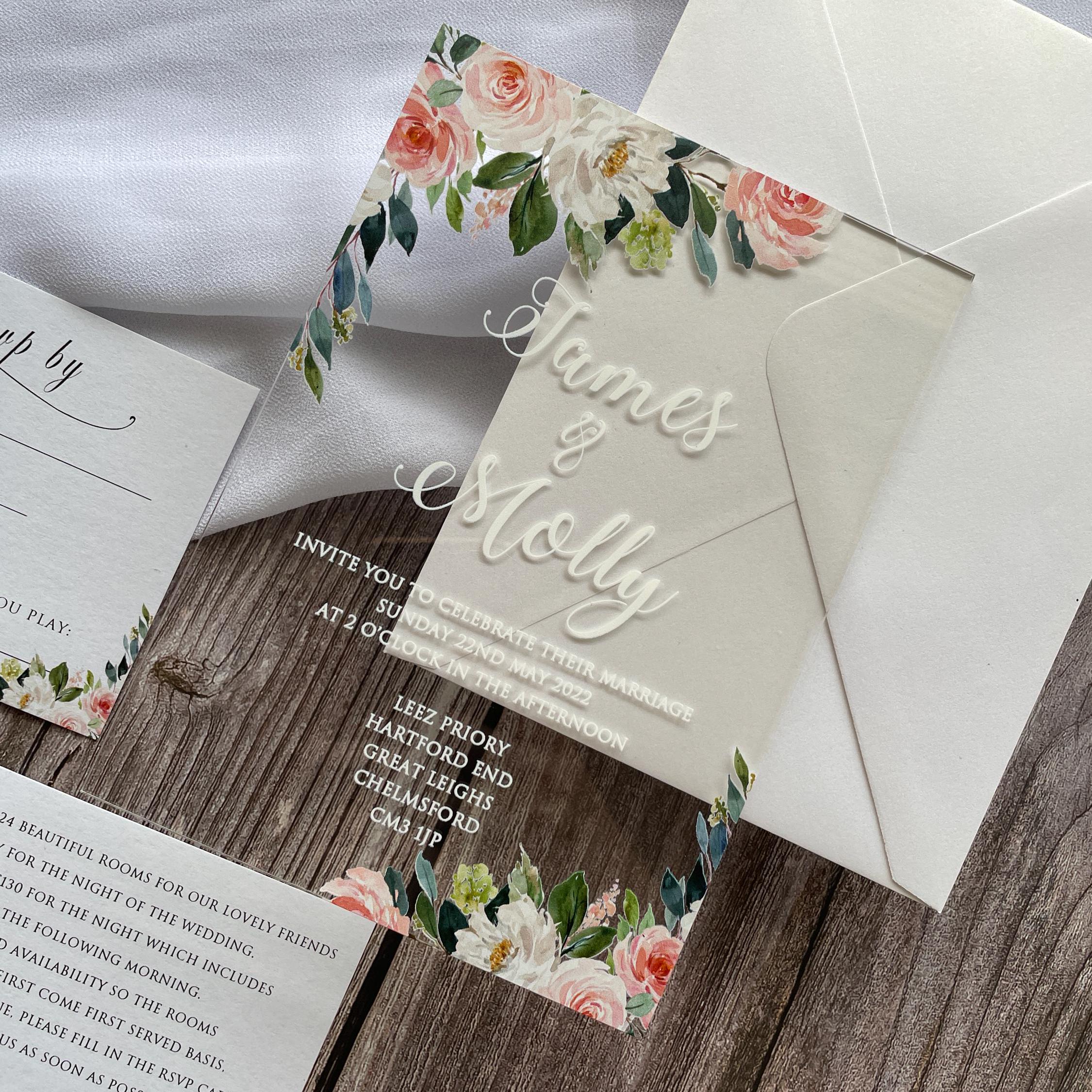 Floral Acrylic Wedding Invitation | Blush Pink, White, & Green