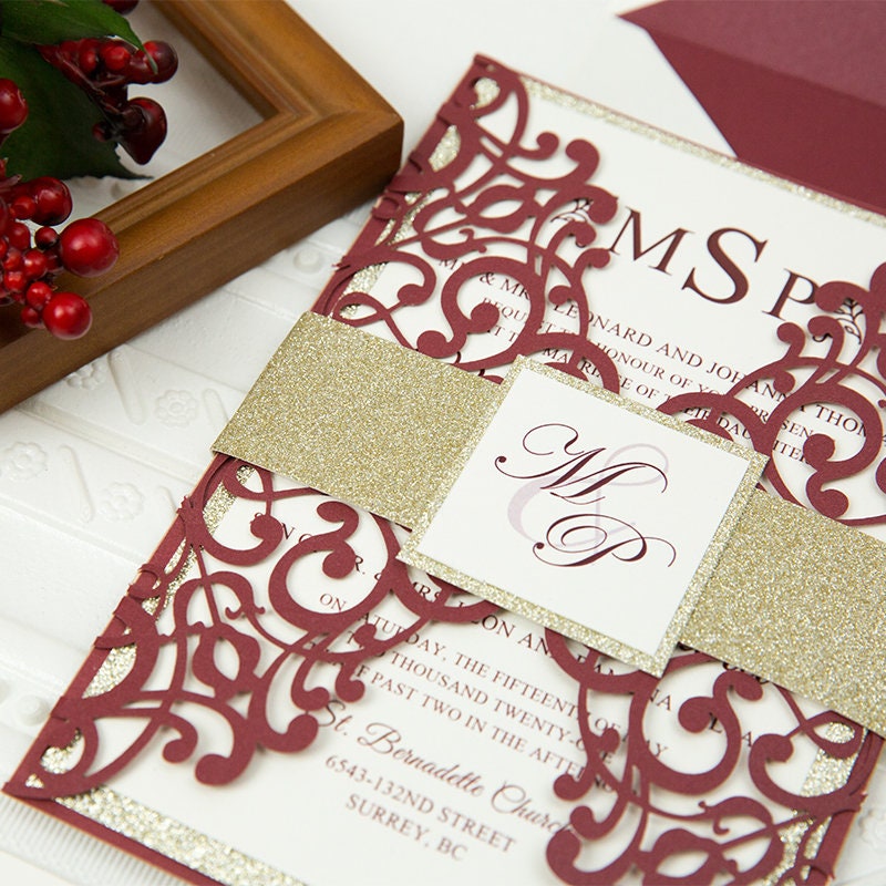 Burgundy Laser Cut Wedding Invitation, Gold Glitter Belly Band