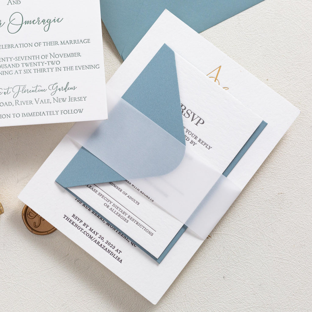 Luxury Letterpress wedding invite with foiled emblem, vellum bellyband and blue envelope | Wedding Invitation