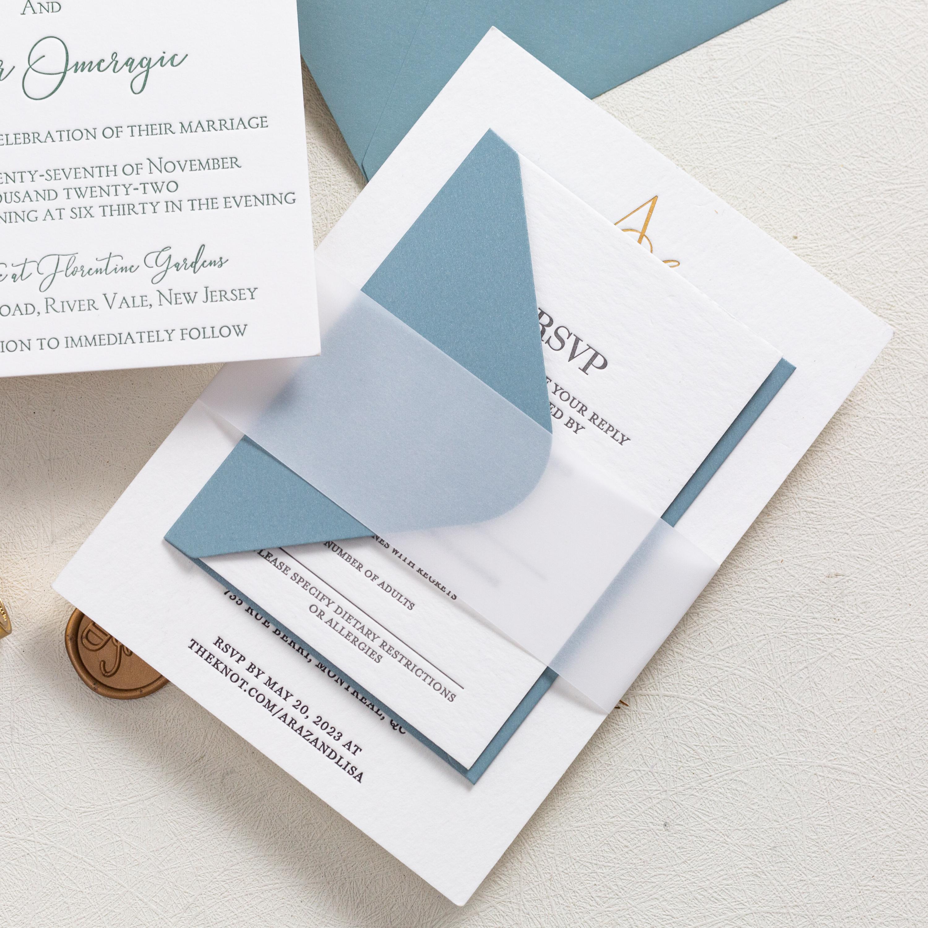 Luxury Letterpress wedding invite with foiled emblem, vellum bellyband and blue envelope | Wedding Invitation