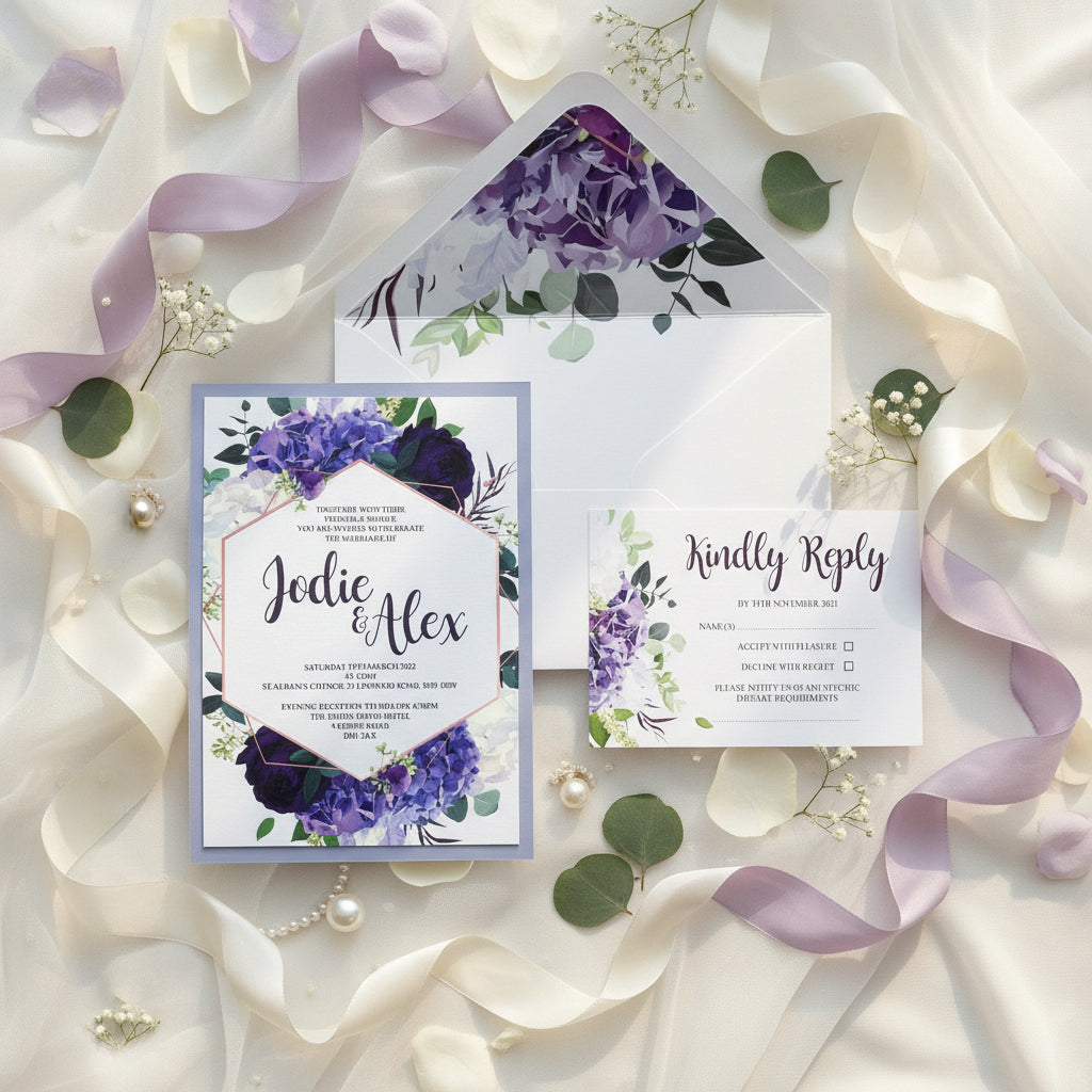 Lilac, Lavender & Purple Wedding Invitation with Matching Inserts & Envelope With Liner