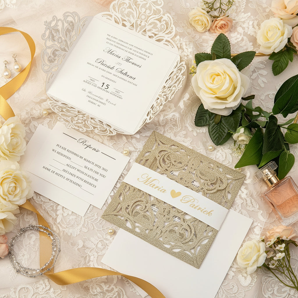Gold Glitter Laser Cut Wedding Invitation, Ivory Shimmer Suite