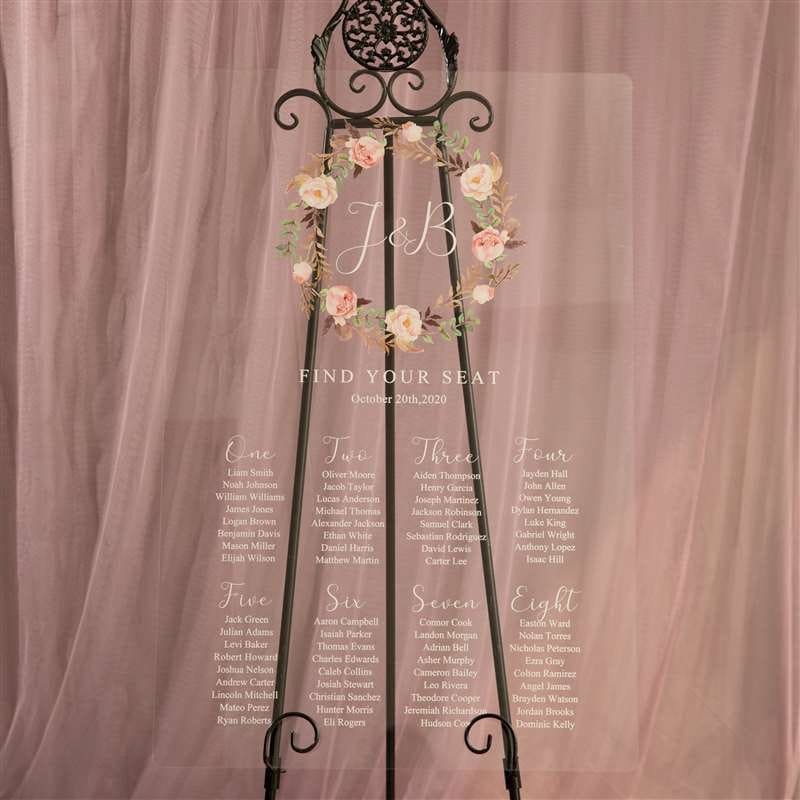 Blush Floral Wreath Clear Acrylic Wedding Table Seating Plan