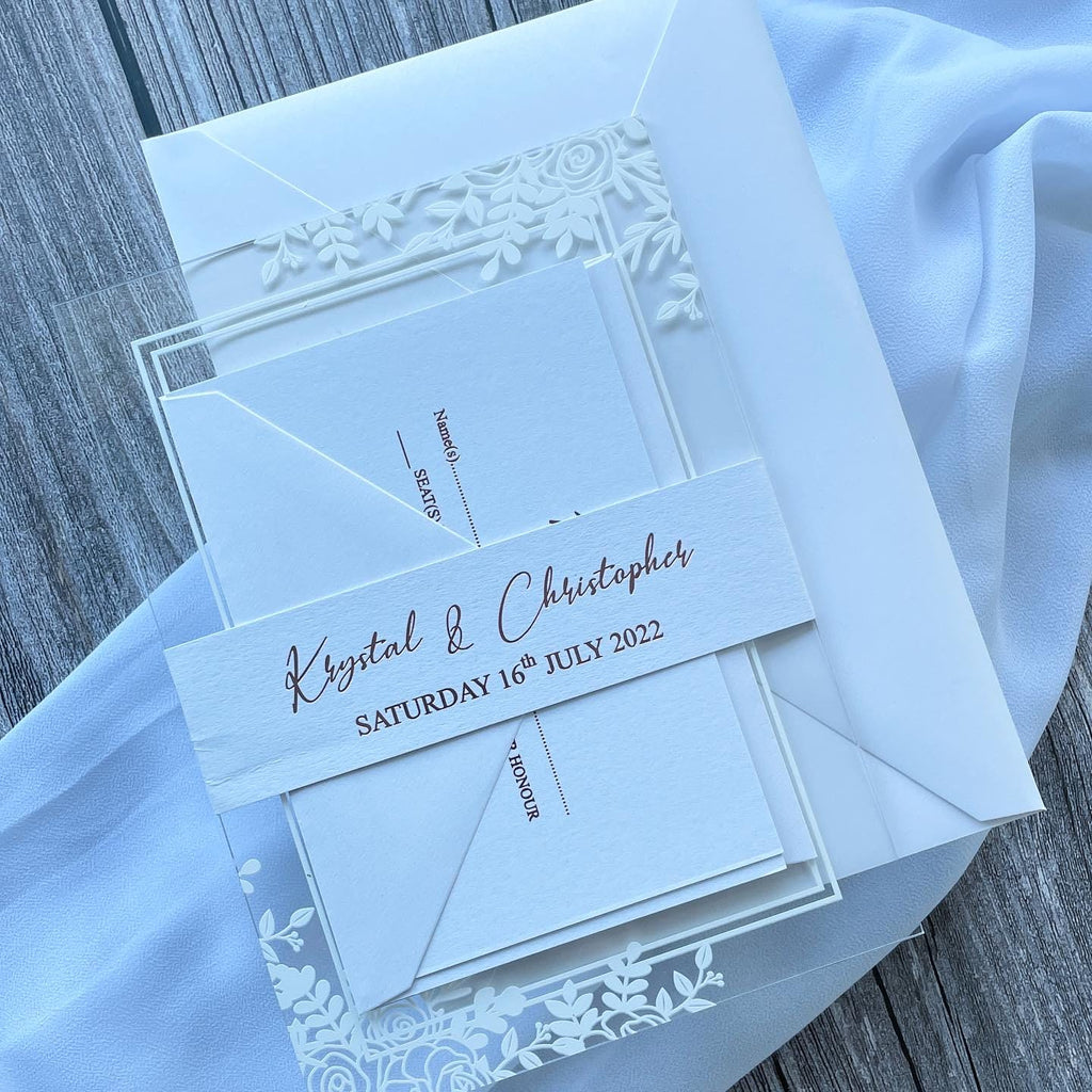 Modern Acrylic Wedding Invitation with Rose Gold Foiling Inserts & Bellyband