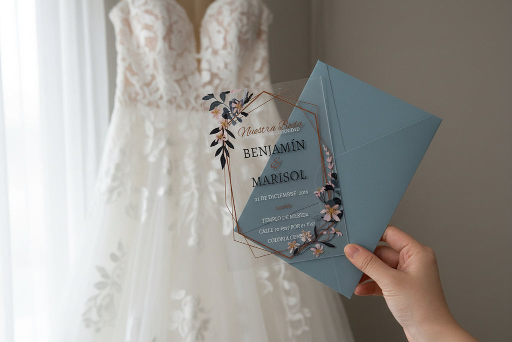 Dusty Blue Boho Geometric Acrylic Wedding Invitation