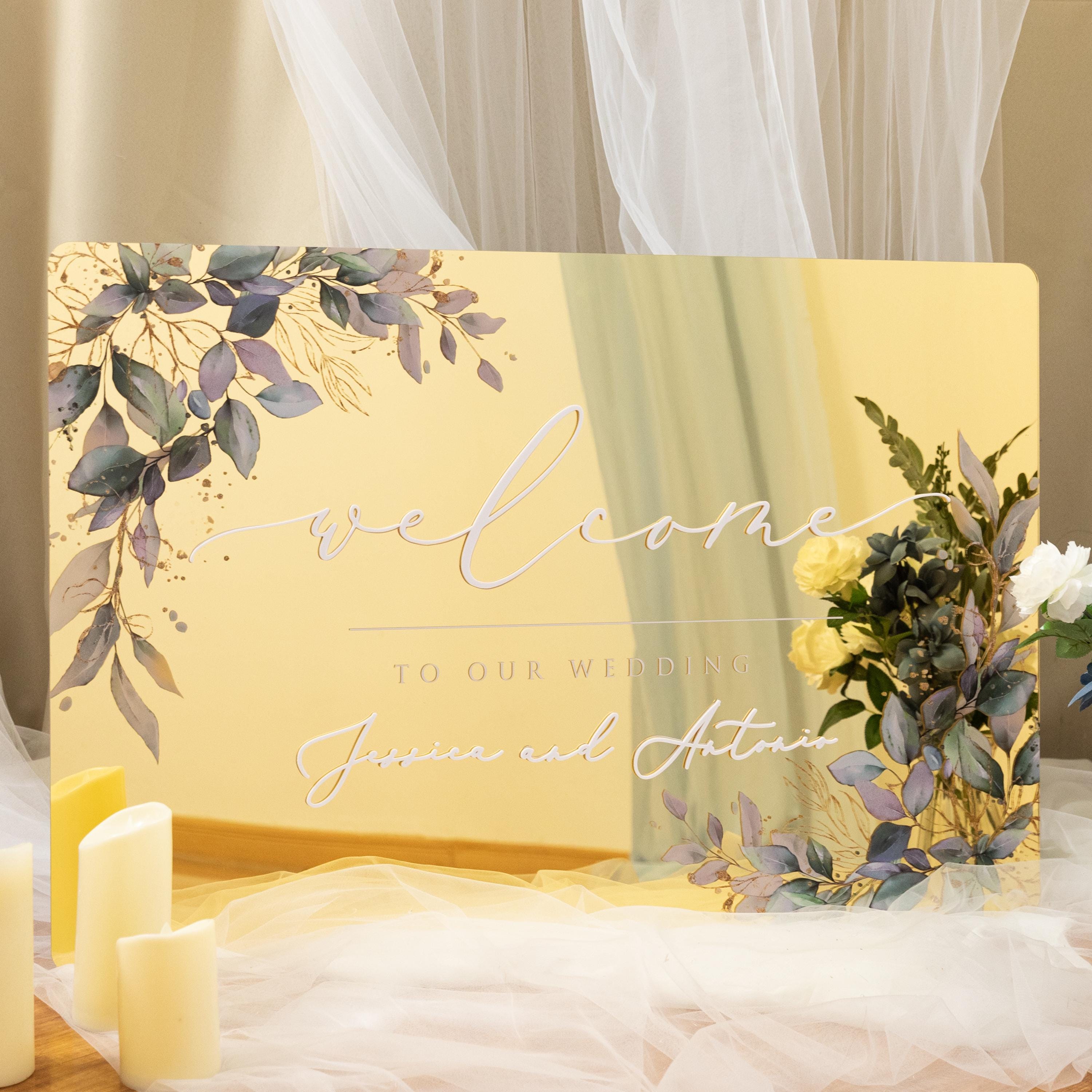 Gold Mirror Wedding Welcome Sign, White 3D Writing