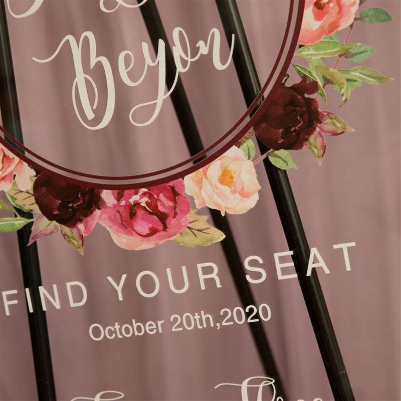 Burgundy Floral Acrylic Wedding Seating Chart, Calligraphy Sign