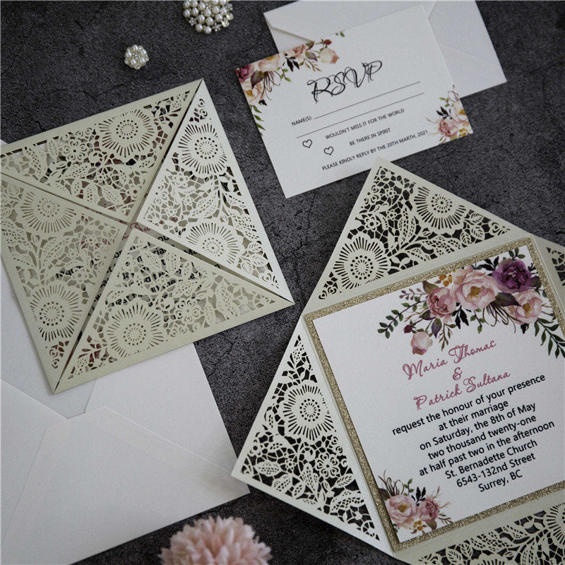 Boho Floral Laser Cut Wedding Invitation
